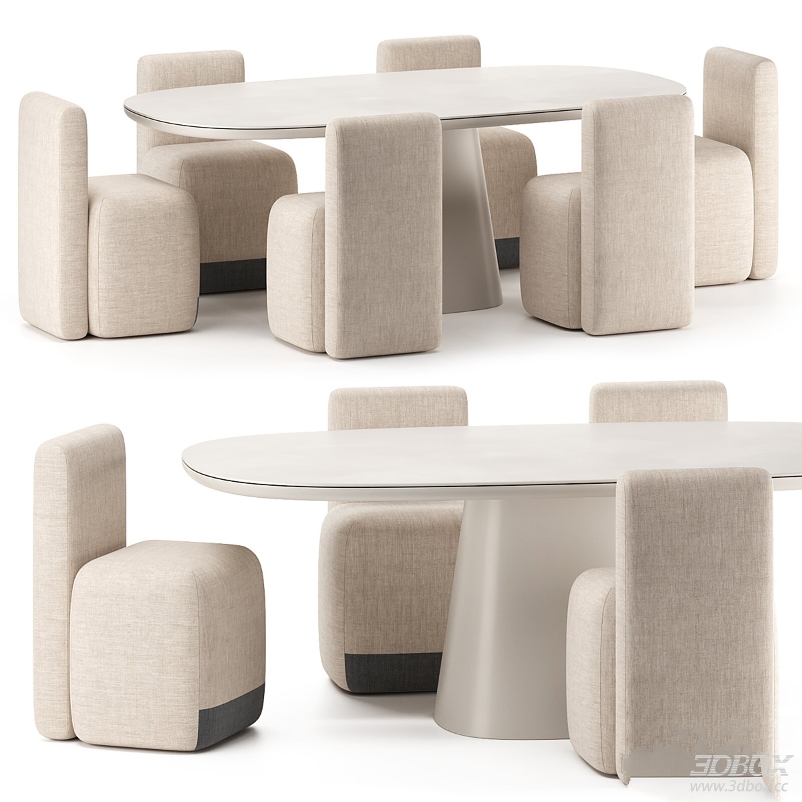 Modern Oval Dining Table and Armchairs 3D model - front view