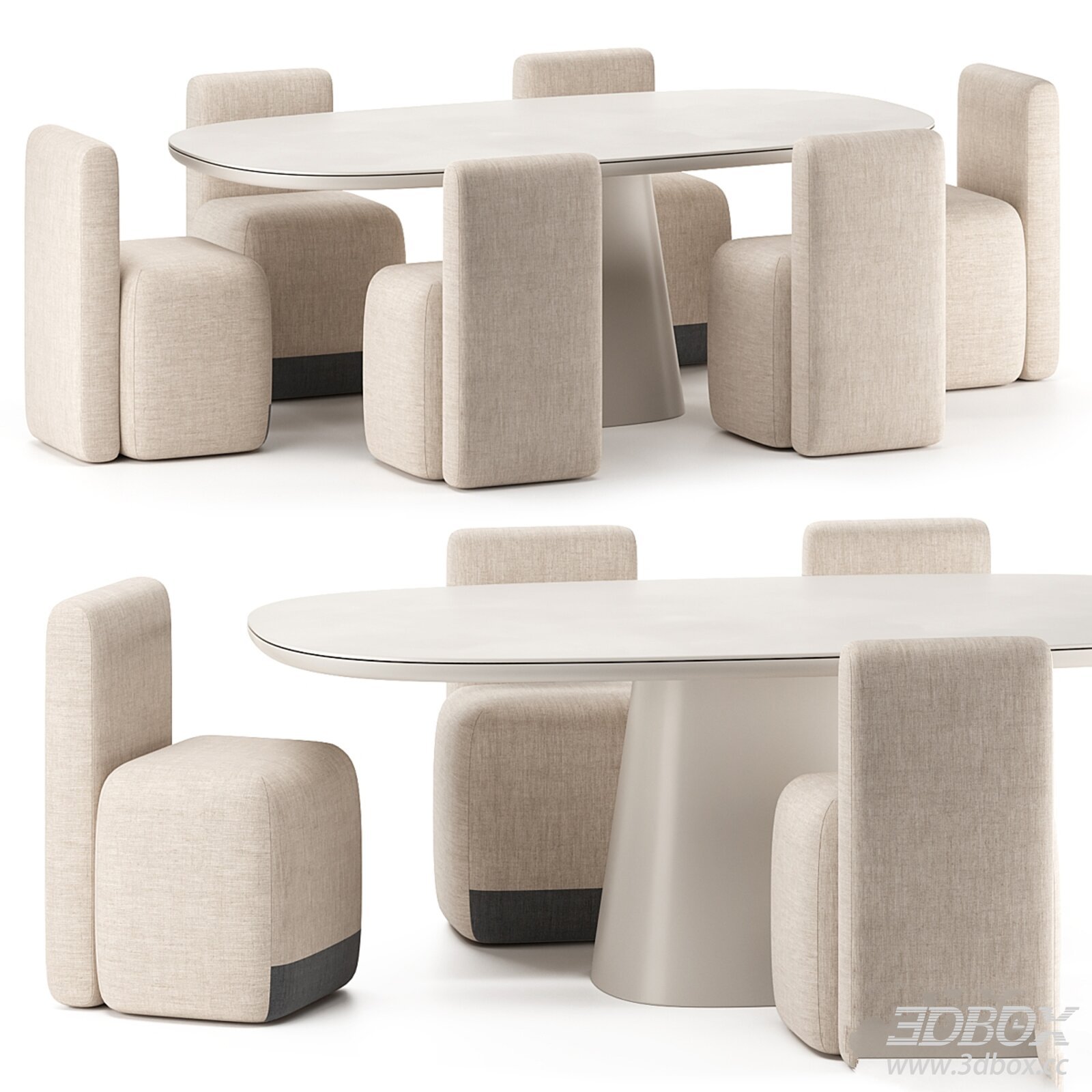 Modern Oval Dining Table and Armchairs 3D model - thumbnail 1