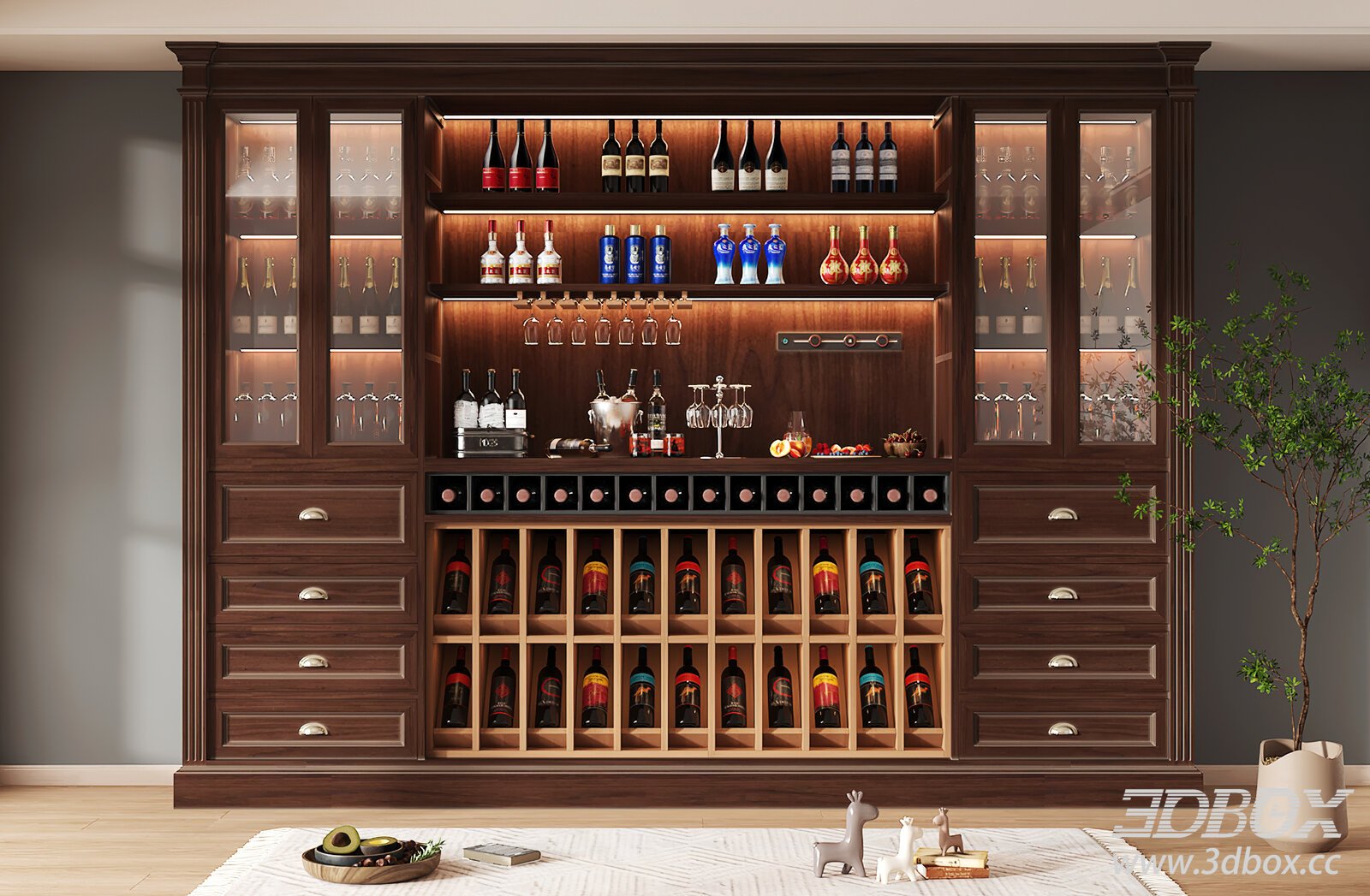 Modern Wooden Wine Cabinet 3D model - thumbnail 1