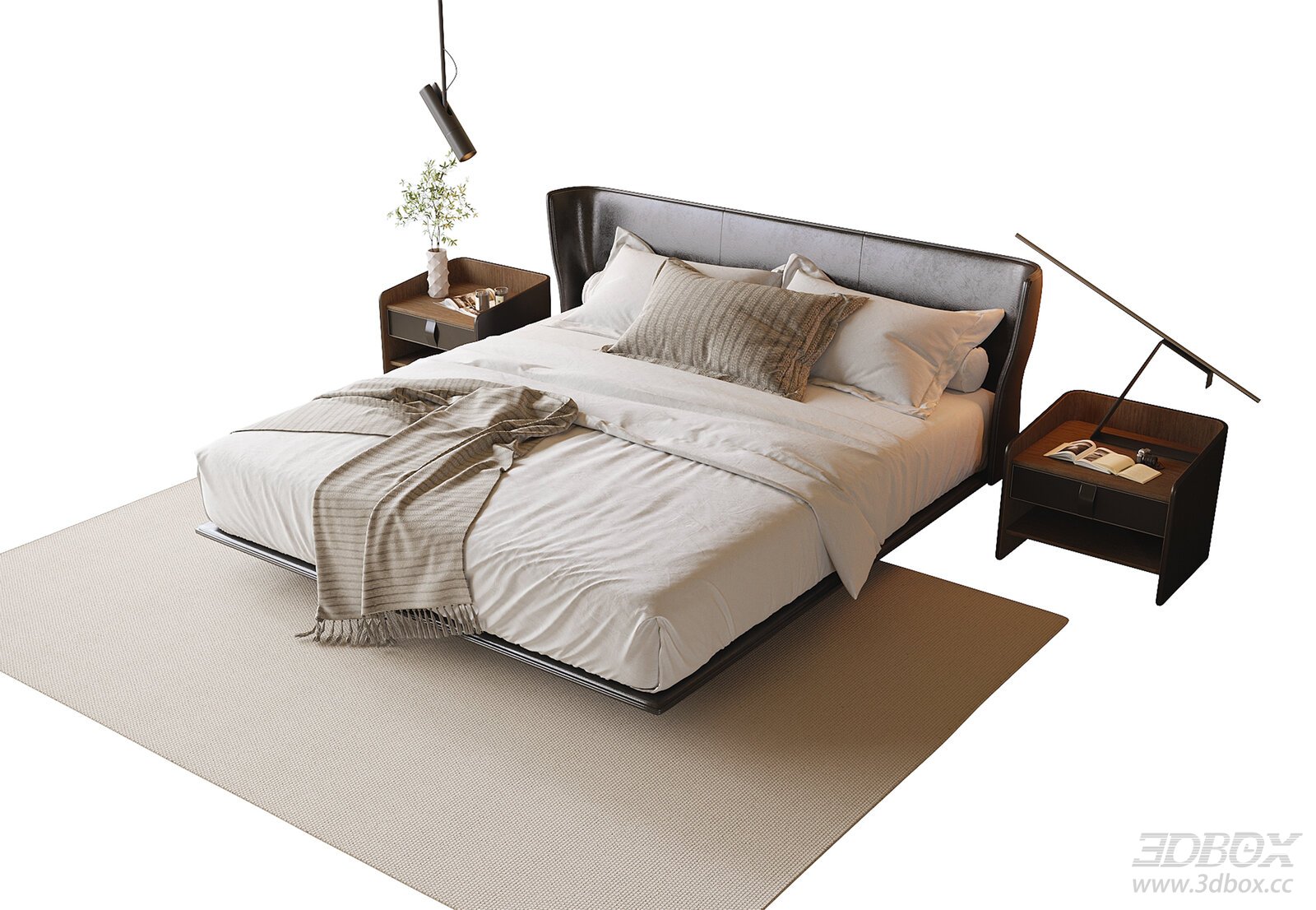 Modern Leather Double Bed with Nightstands 3D model - front view