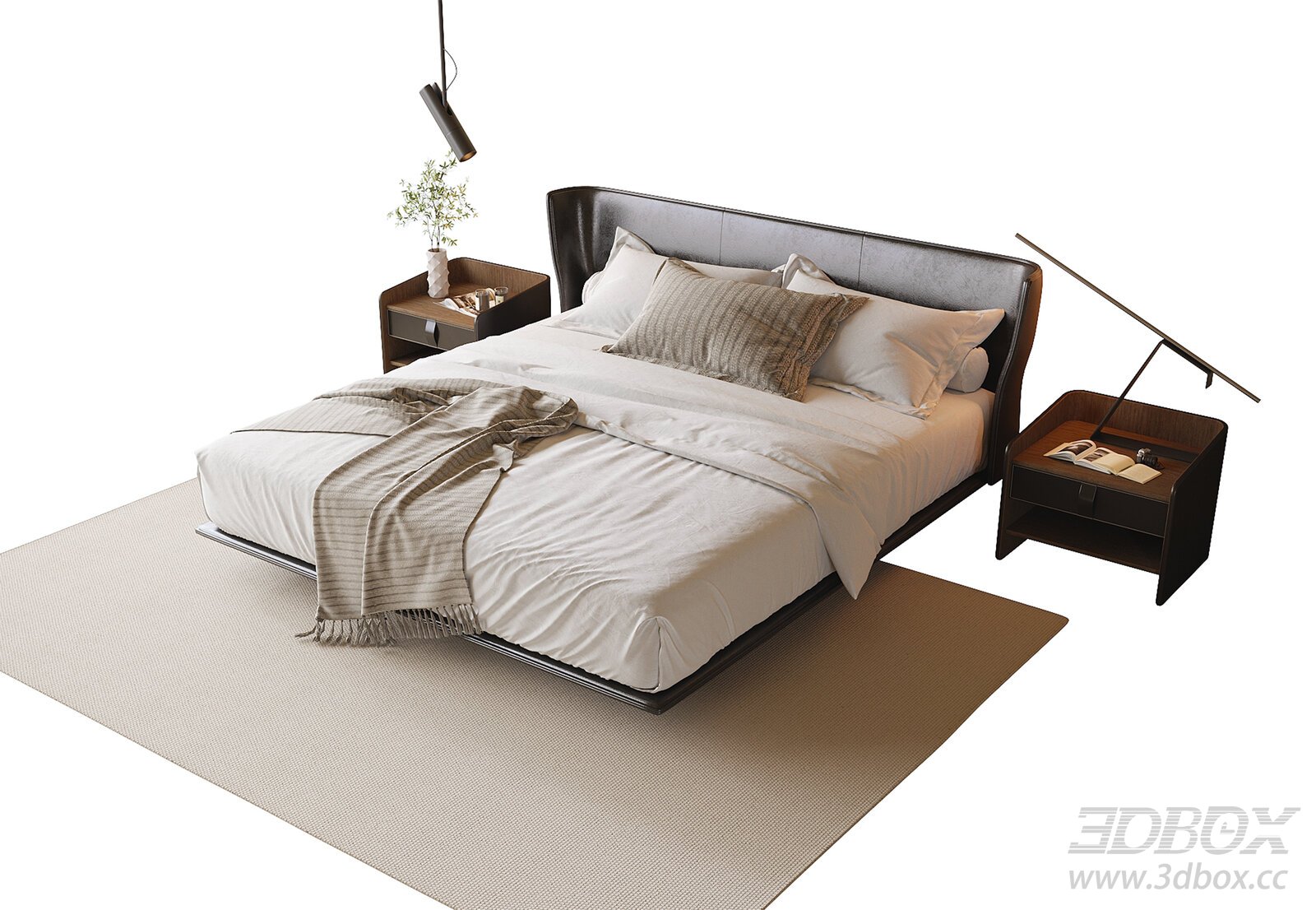 Modern Leather Double Bed with Nightstands 3D model - thumbnail 1