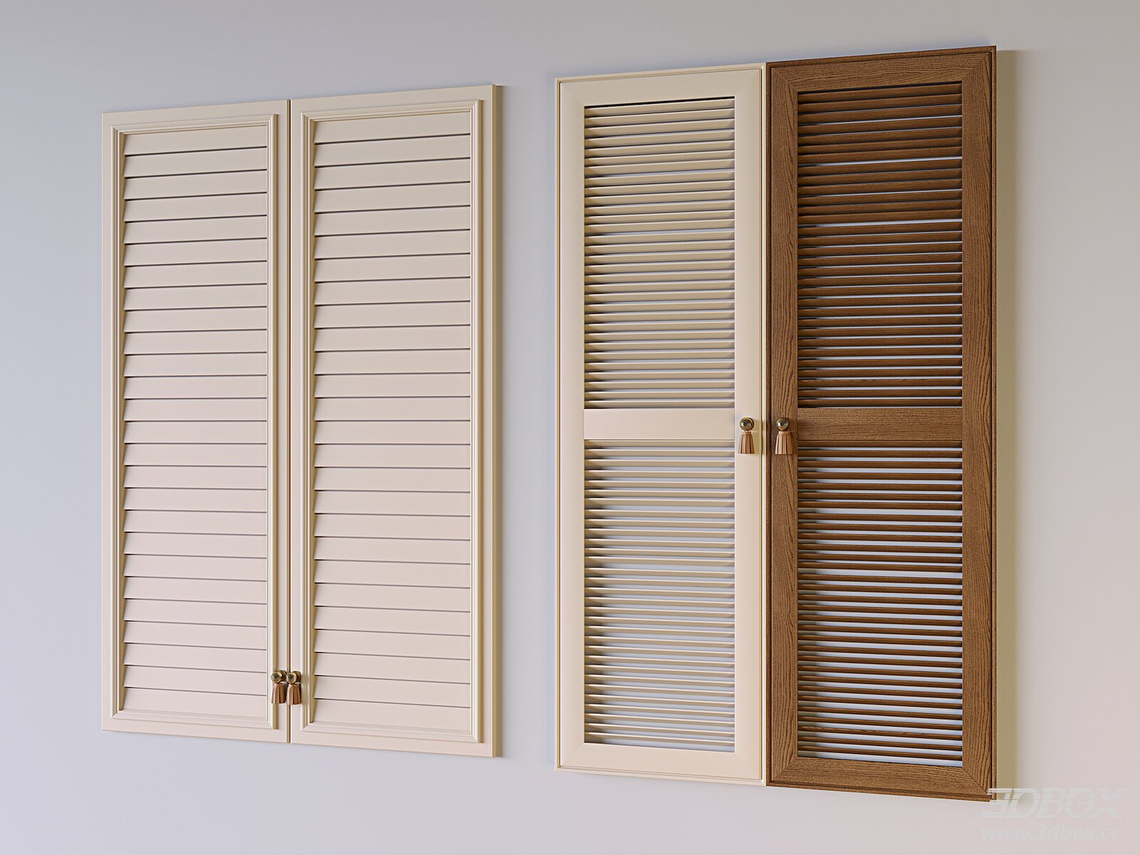 Mid-century Louvered Wardrobe Doors Solid Wood Panel 3D model - front view