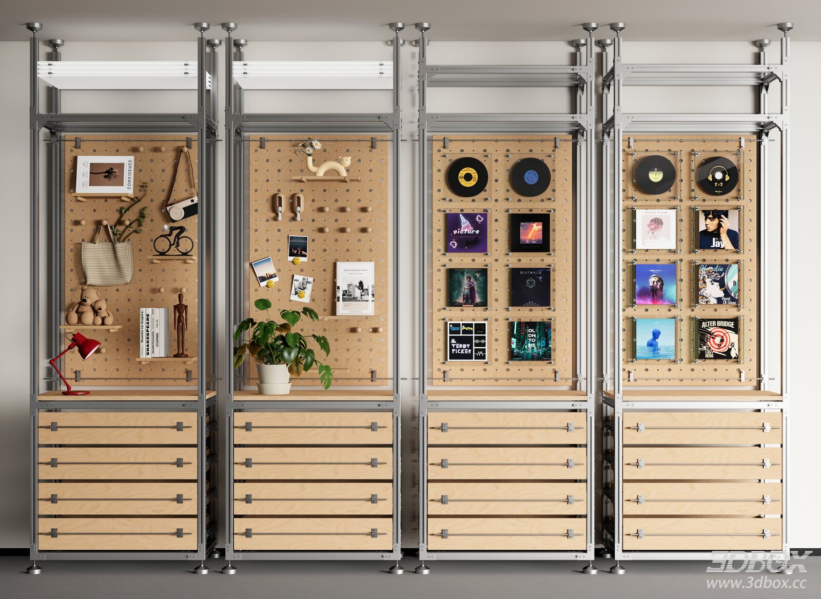 Modern Aluminum Profile Display Shelf with Drawers and Pegboard 3D model - front view