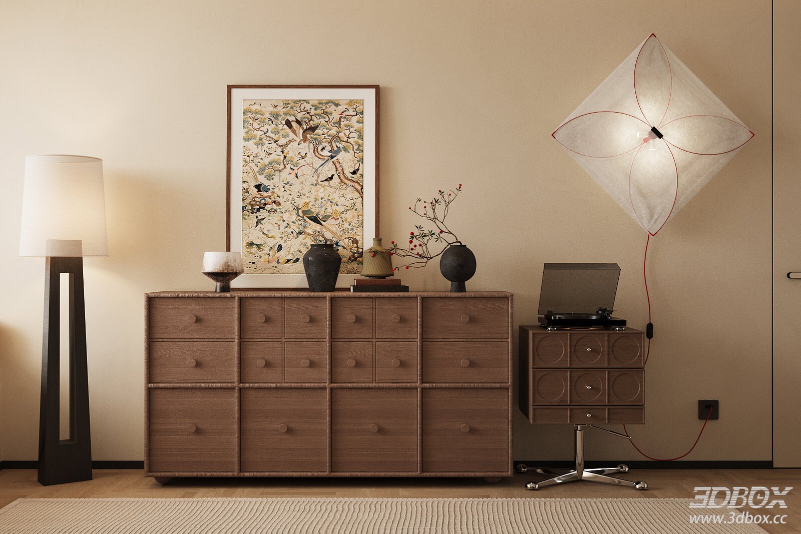 Vintage Wooden Sideboard with Decor Set and Floor Lamps 3D model - front view