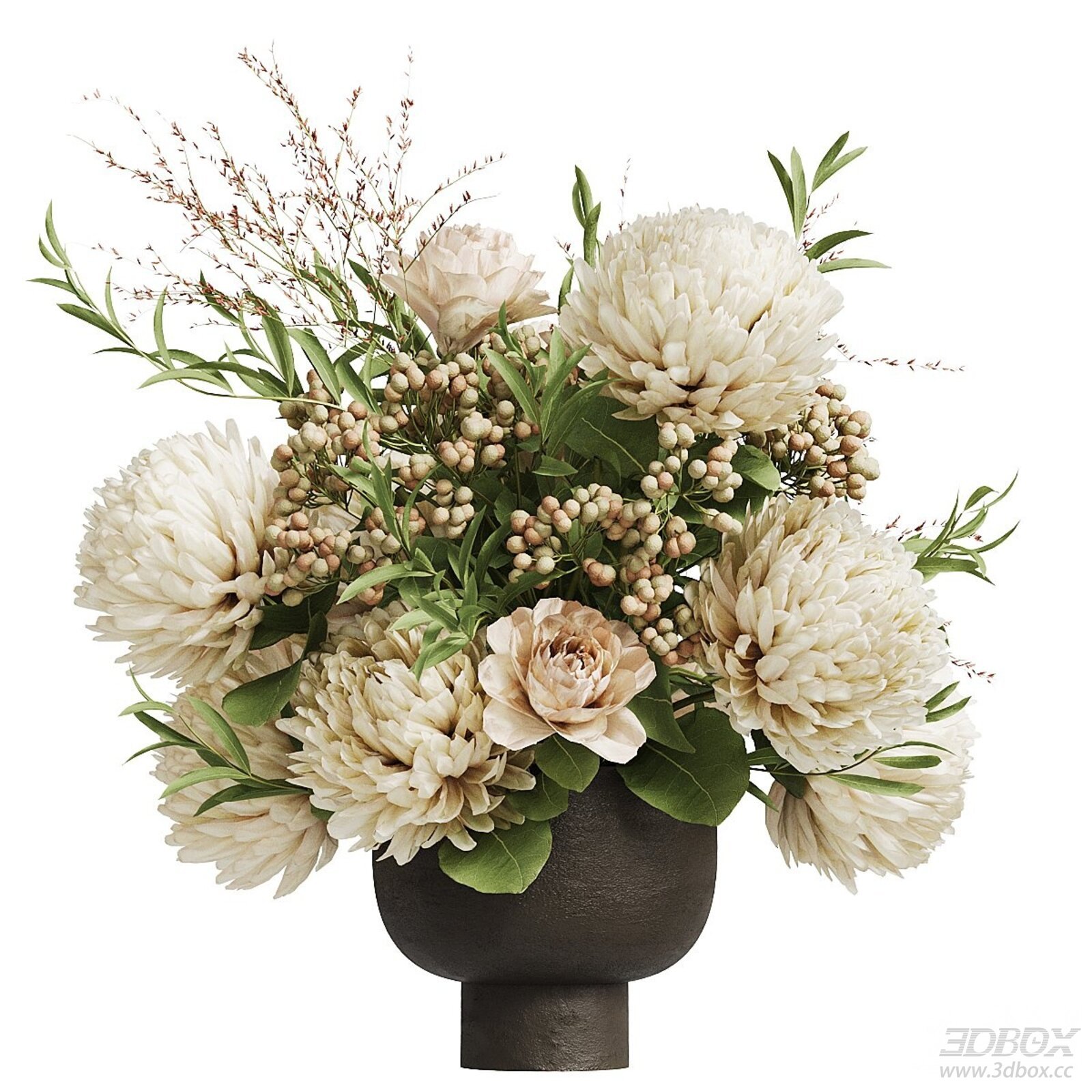 Elegant Beige Floral Bouquet In Dark Vase 3D model - front view