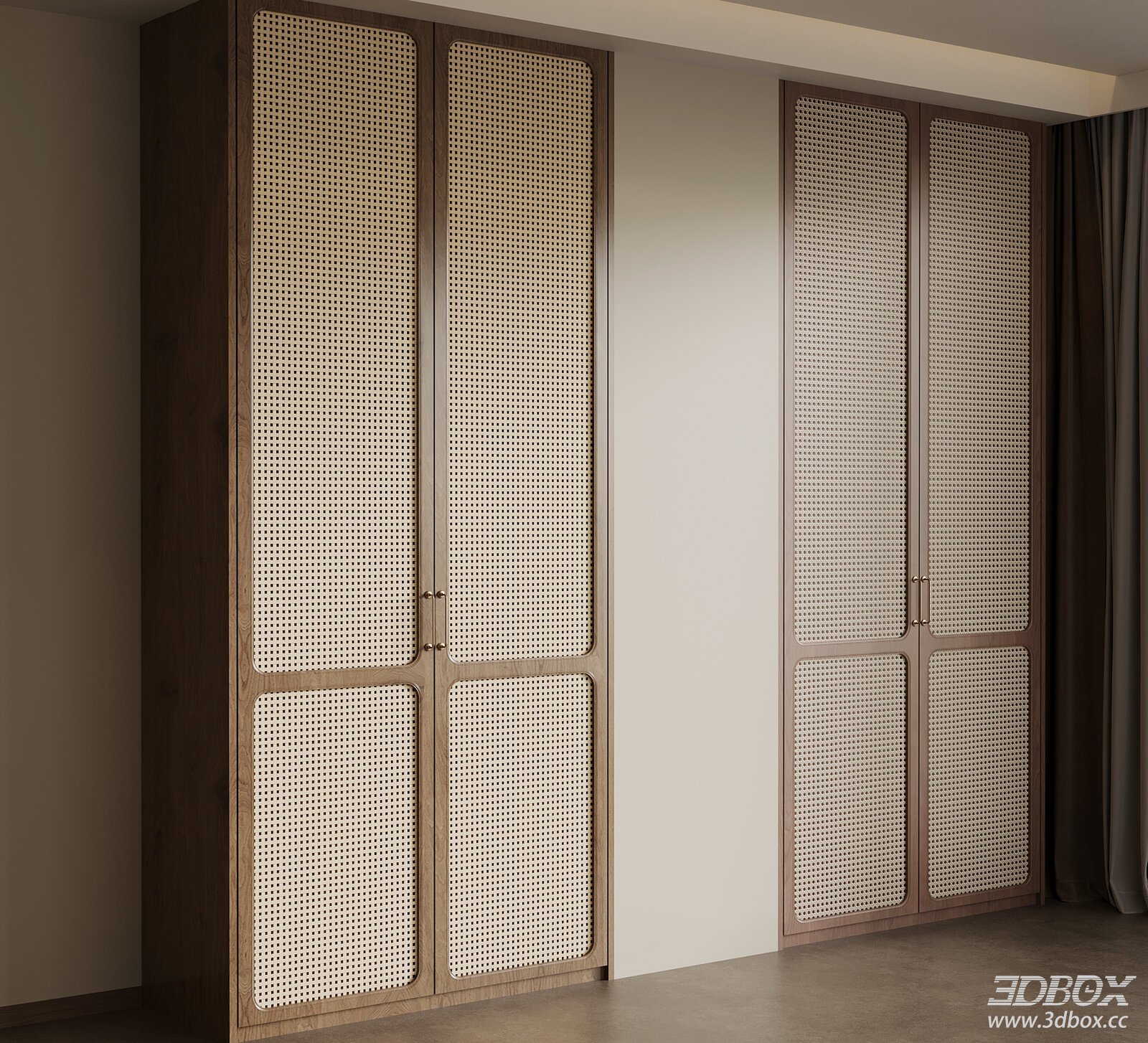 Mid-century Rattan Woven Wardrobe Set 3D model - front view