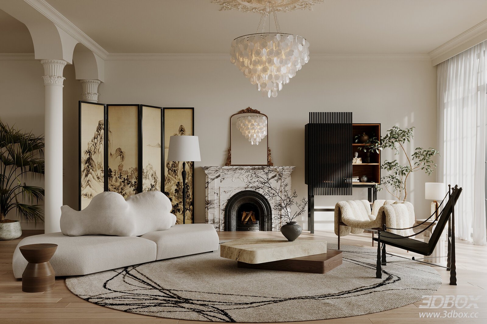 French Vintage Style Living Room with Elegant Soft Furnishings 3D model - front view