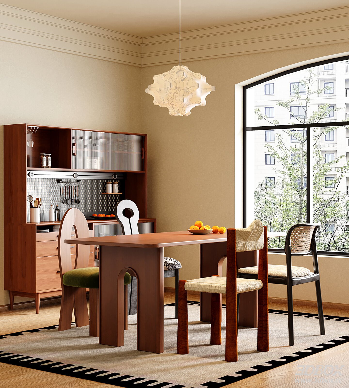 Vintage Mid Century Dining Room with Wooden Furniture Set 3D model - front view