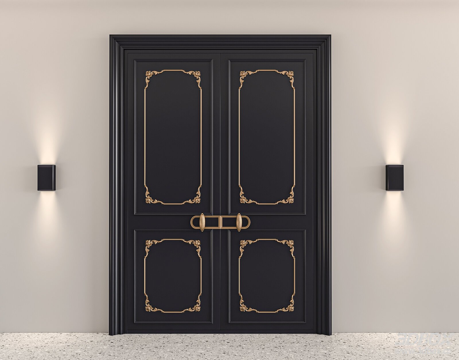 Classic French Style Double Entry Door with Gold Ornaments 3D model - front view