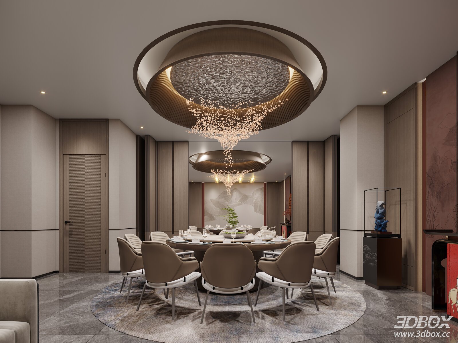 New Chinese Style Private Dining Room Interior 3D model - front view