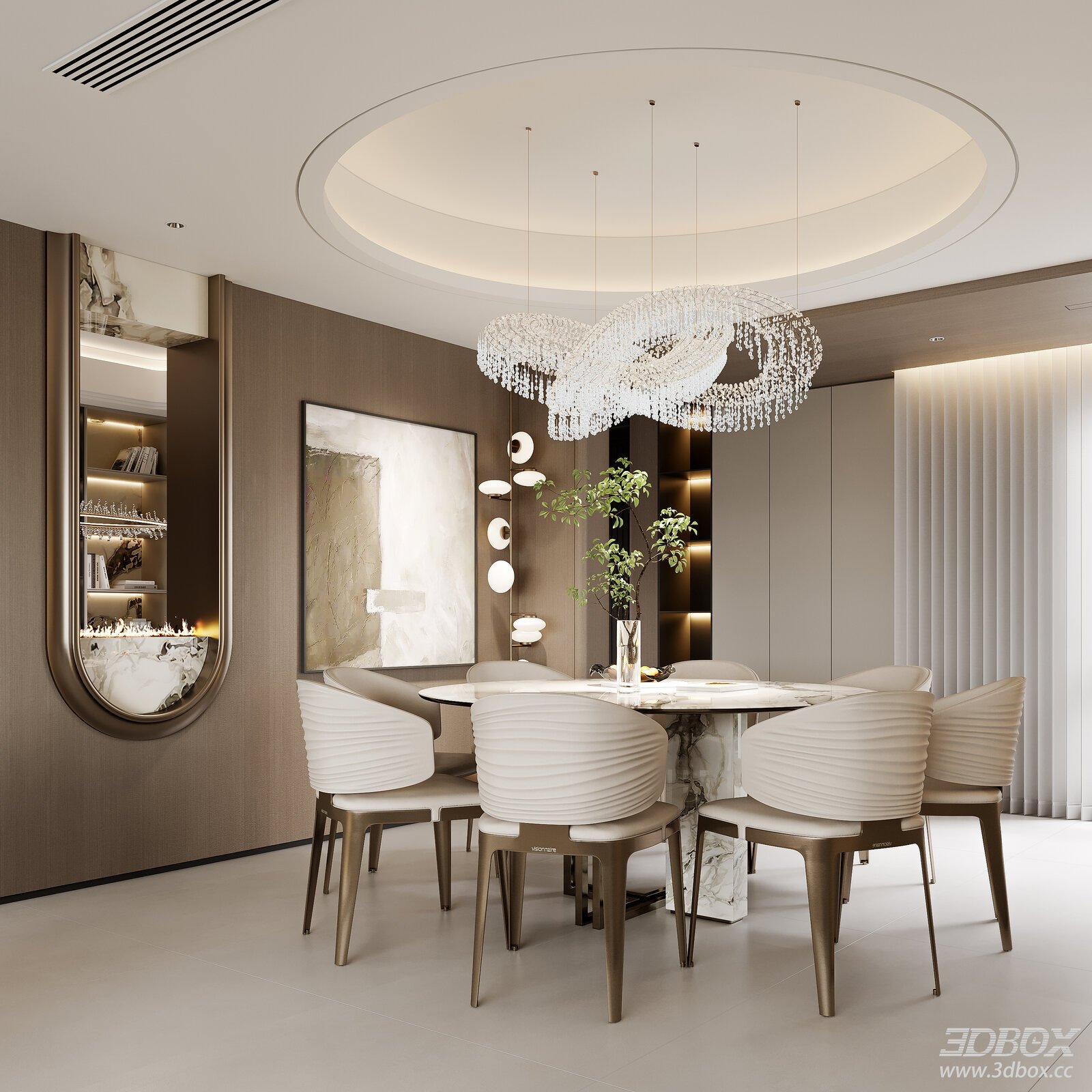 Modern minimalist dining room with marble table and elegant chairs 3D model - front view