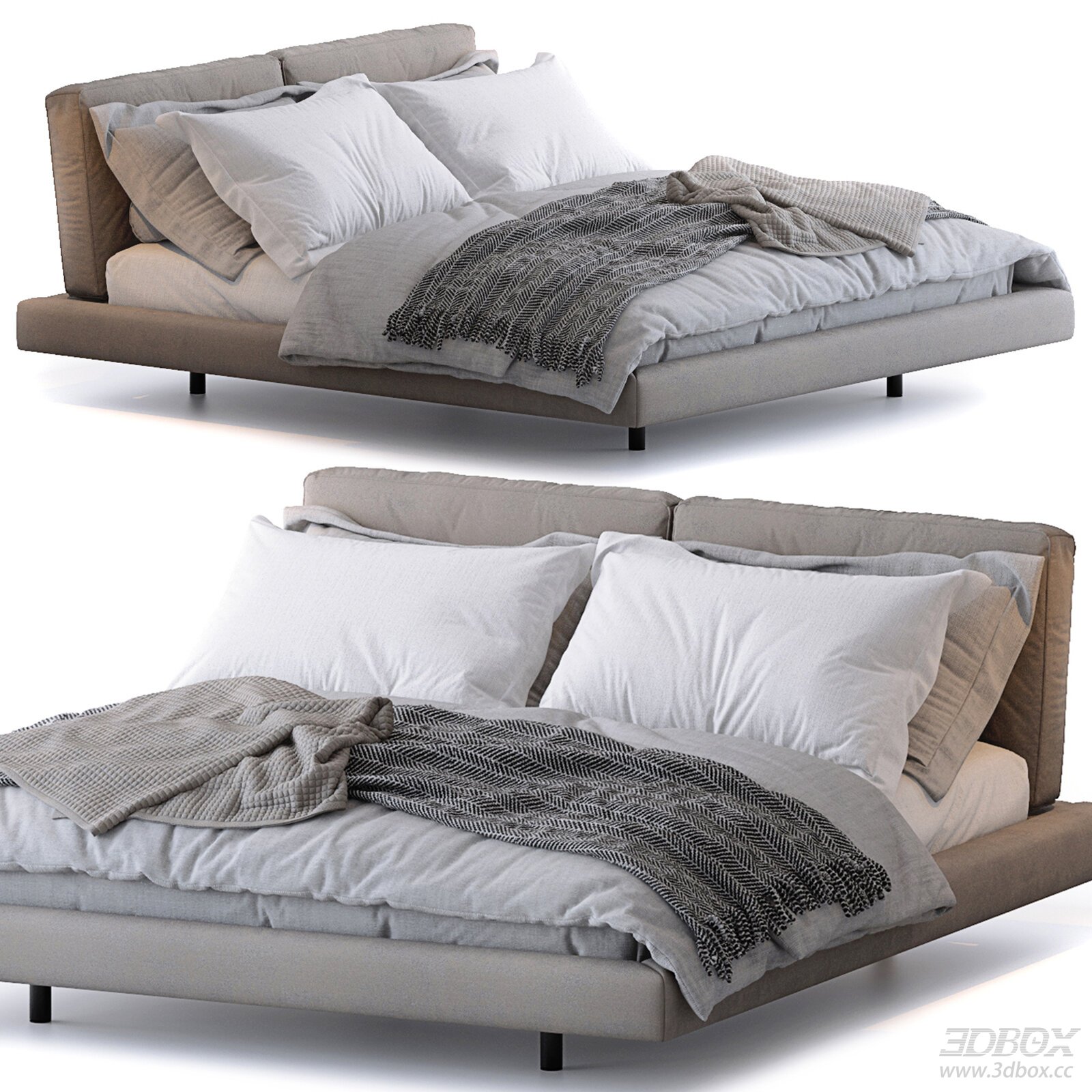 Modern Upholstered Double Bed with Bedding Set 3D model - front view