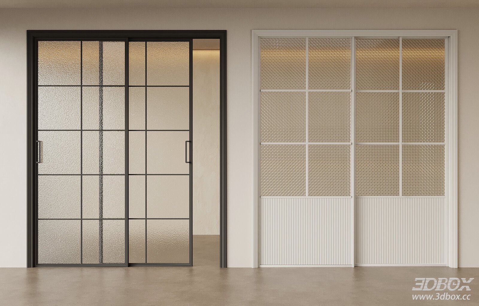 Modern Metal Frame Frosted Glass Sliding Door Set 3D model - front view
