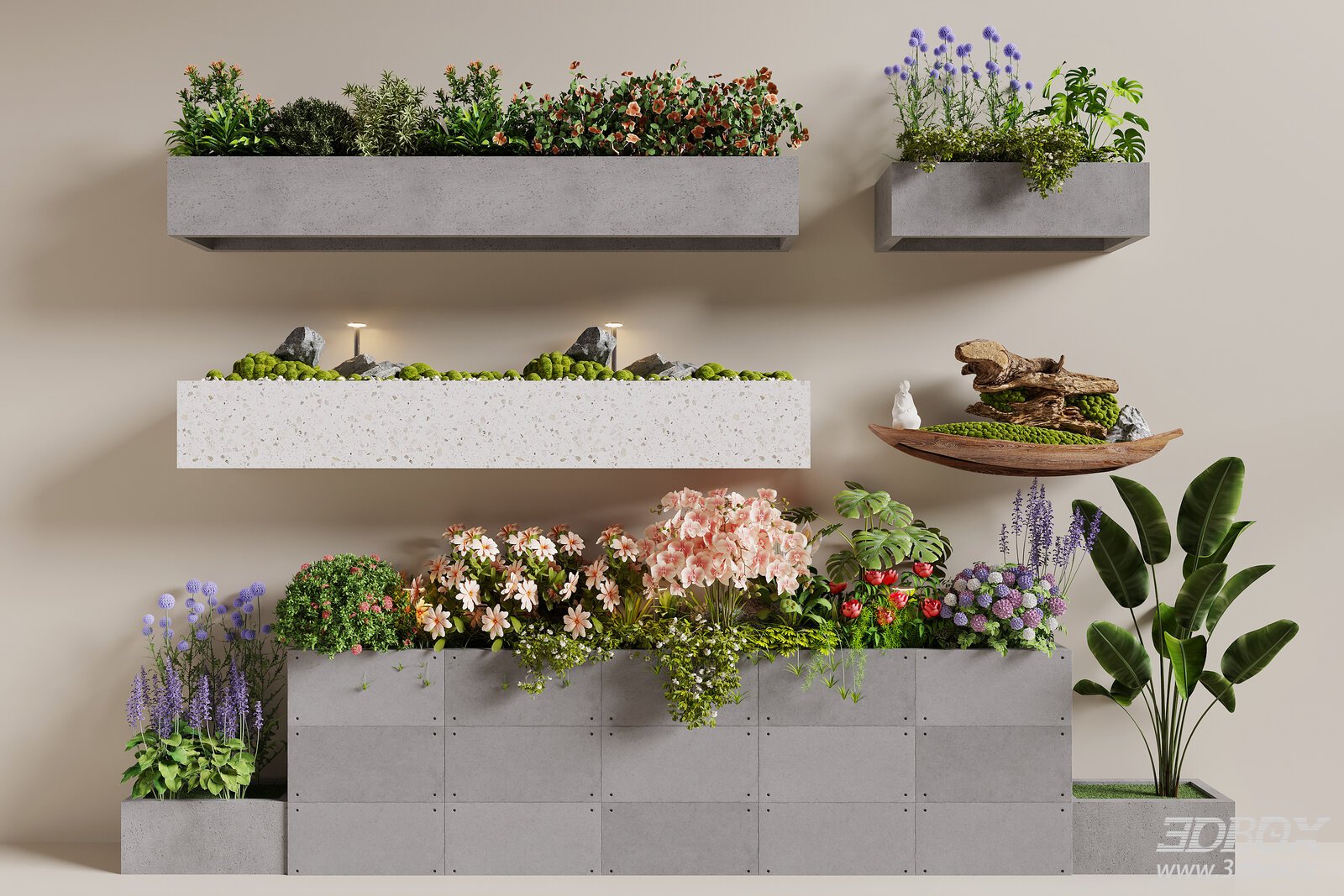 Modern Concrete Planter Set with Greenery and Flowers 3D model - front view