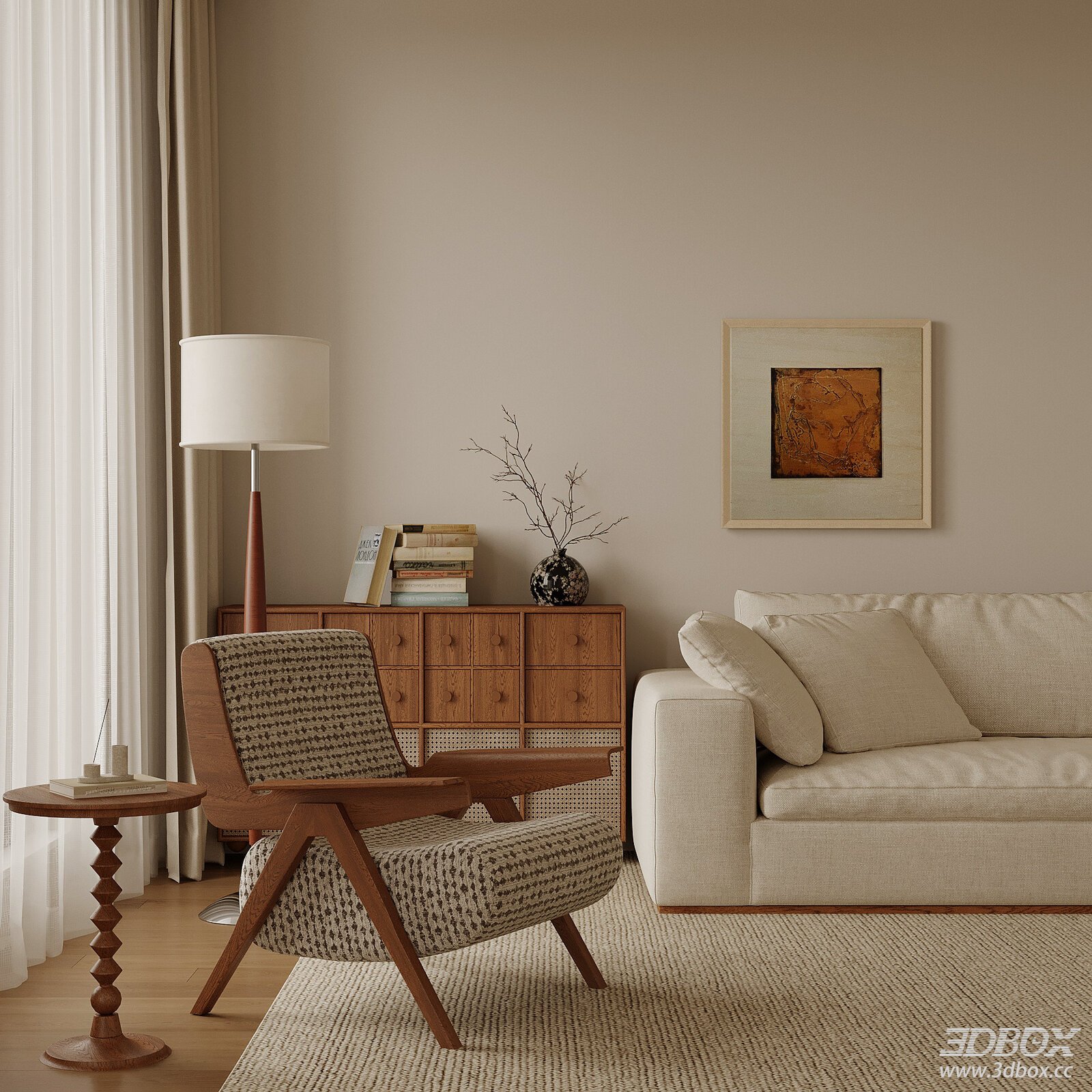 Mid Century Modern Living Room With Cozy Furniture Set 3D model - front view