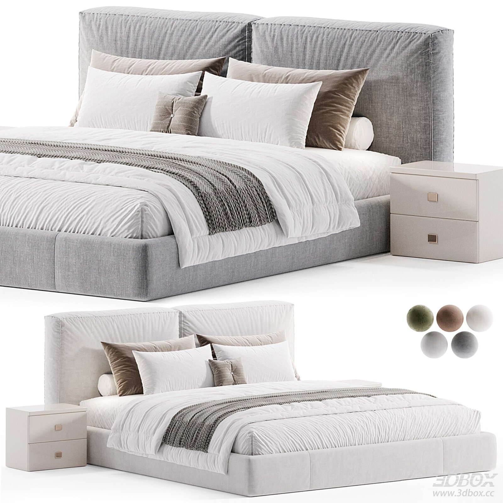 Modern Upholstered Double Bed with Nightstand 3D model - front view