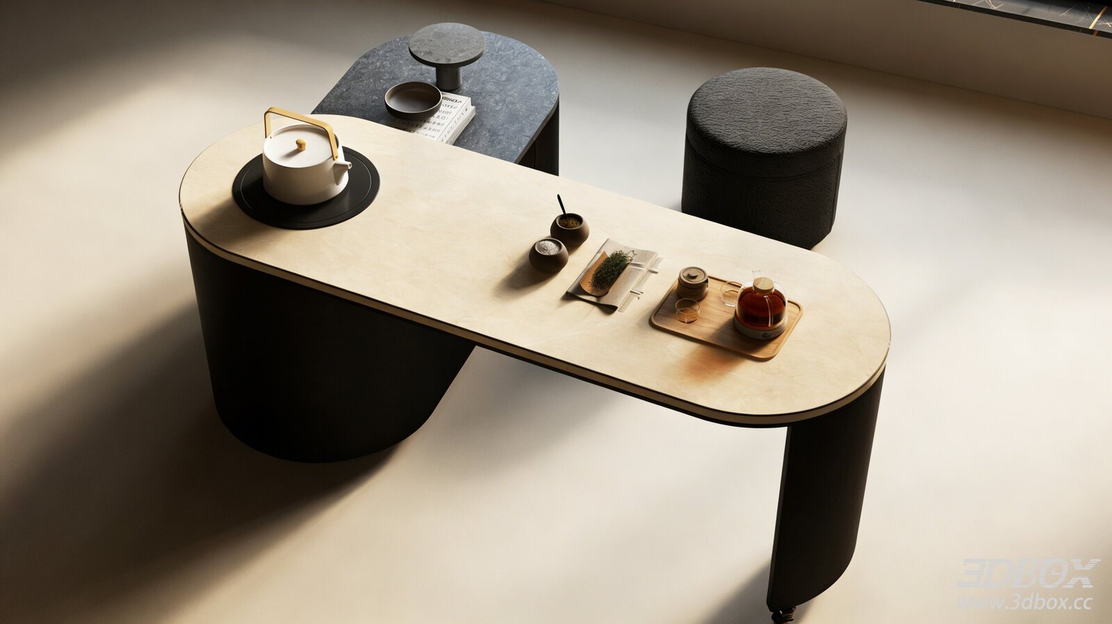 Modern Italian Style Tea Table Set with Stools 3D model - front view