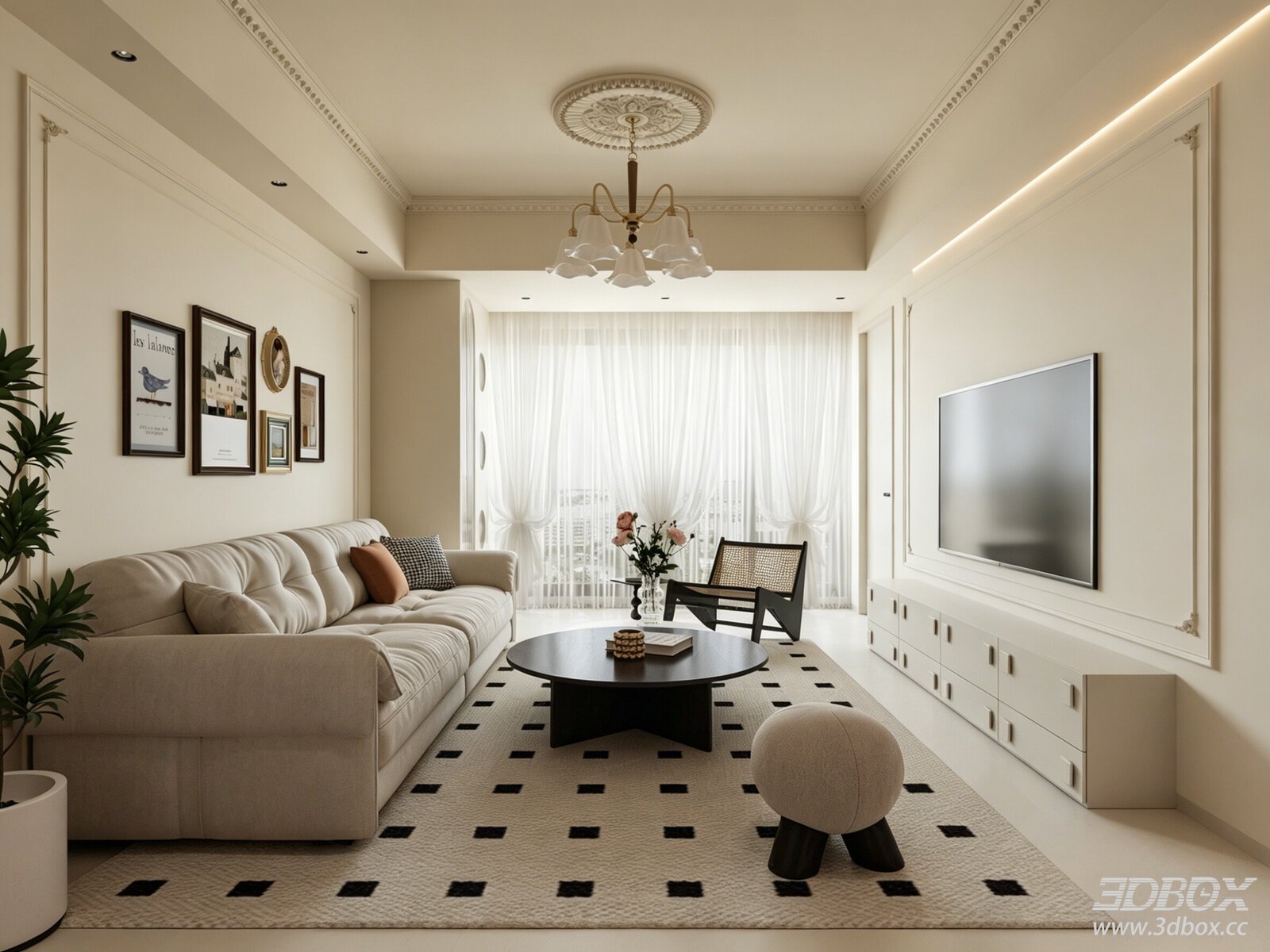 Elegant French Style Living and Dining Interior 3D model - front view