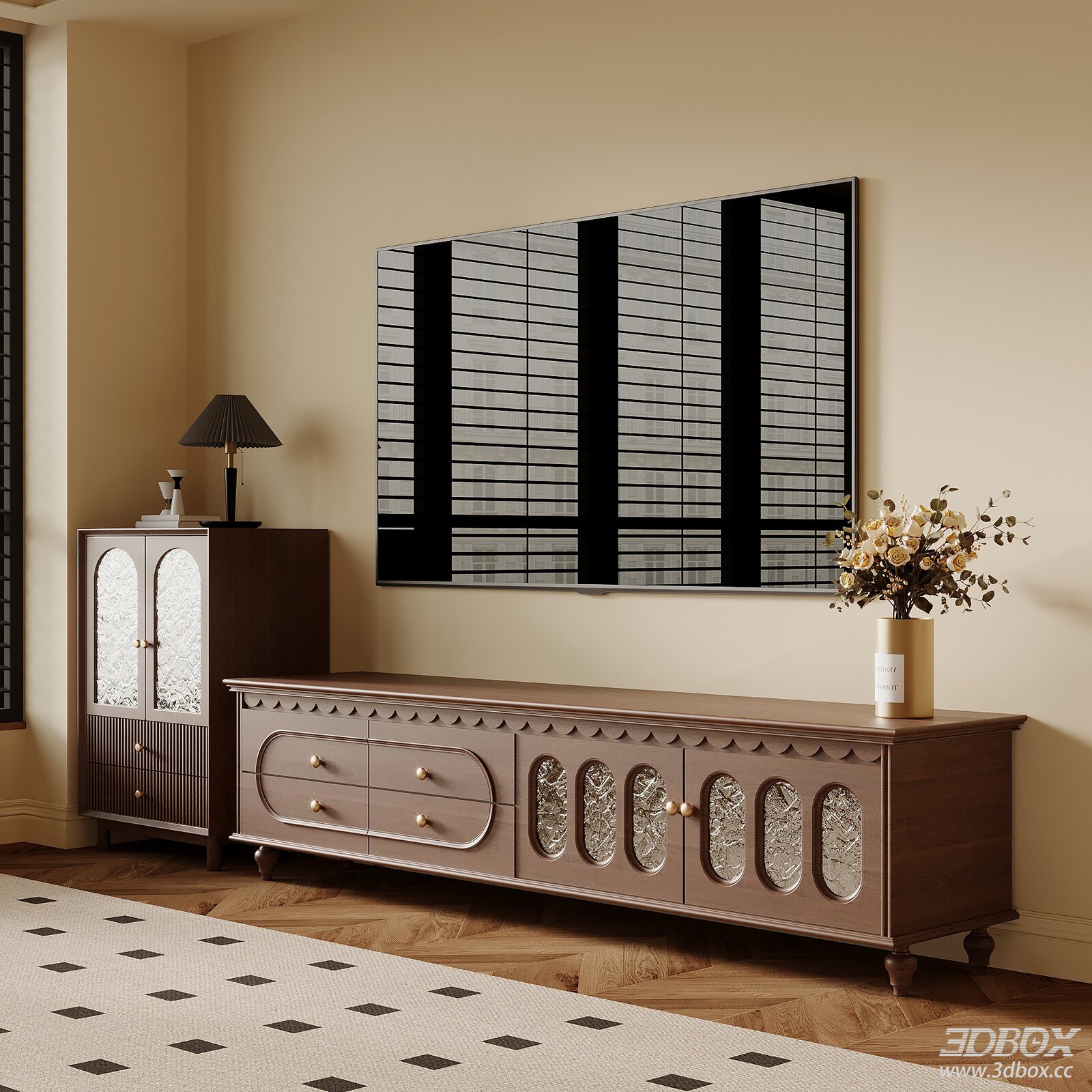 Vintage French Style Wooden TV Stand Cabinet Set 3D model - front view