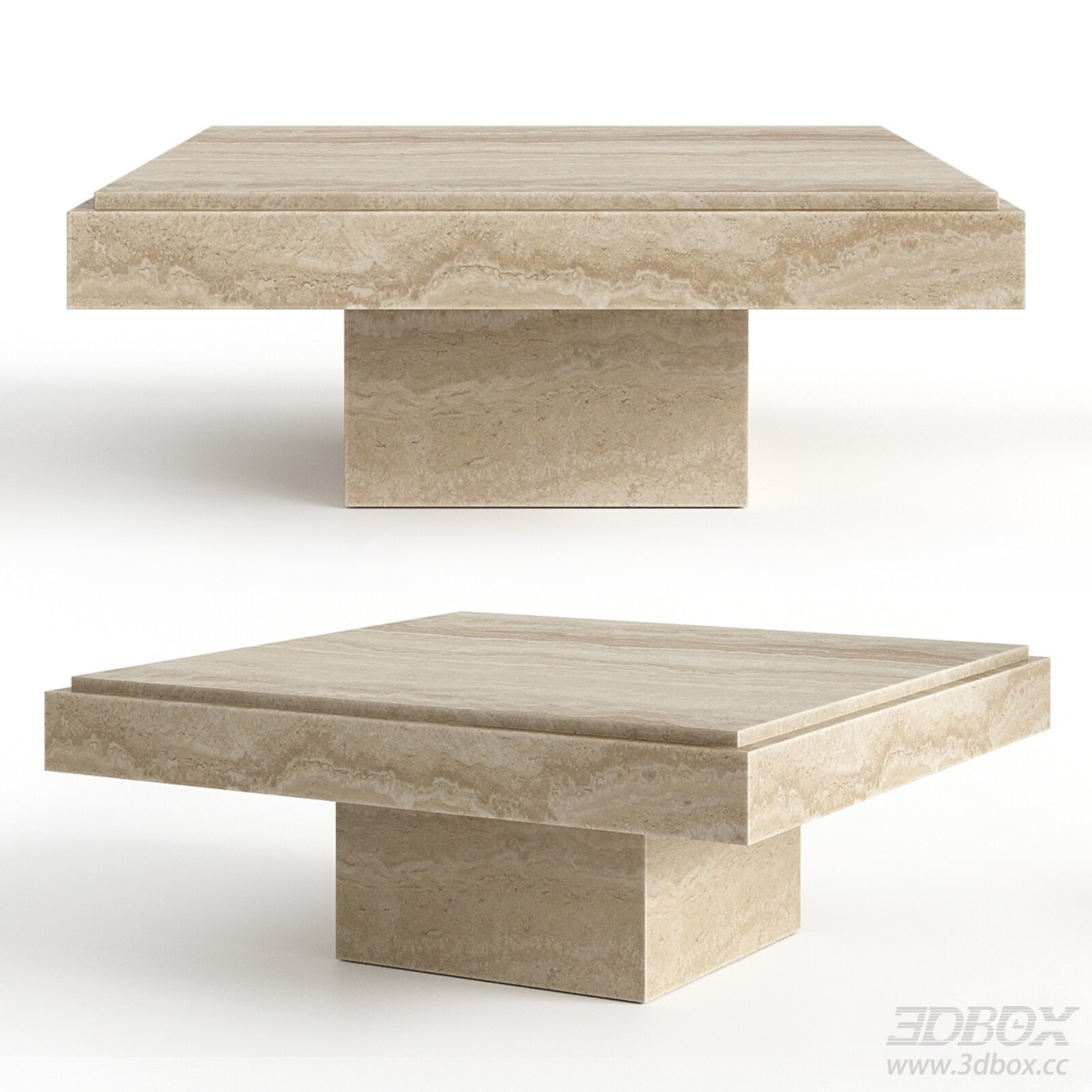 Modern Travertine Square Coffee Table 3D model - thumbnail 1