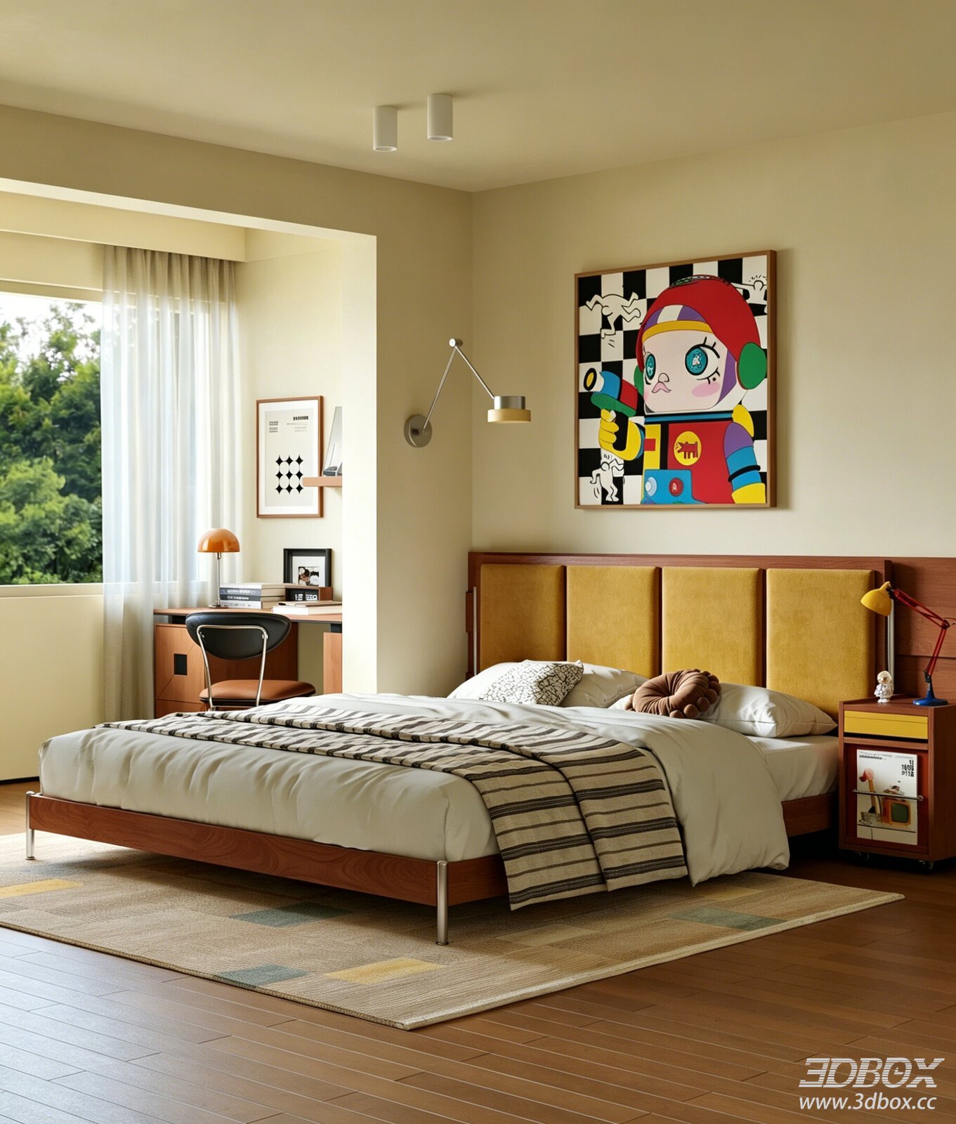 Mid-century modern bedroom with double bed and study nook 3D model - front view