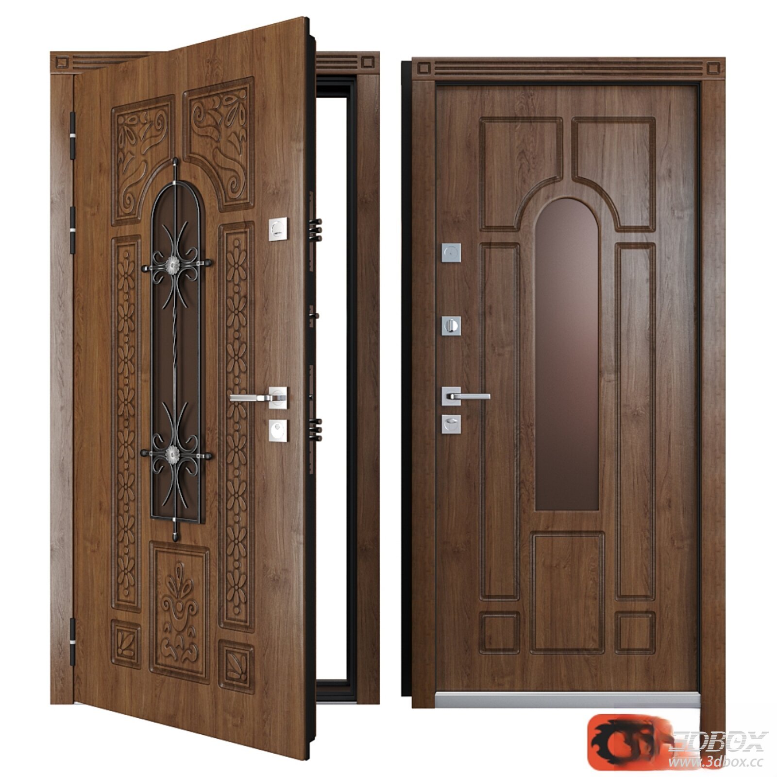 Carved Wooden Entry Door with Decorative Metal Grille 3D model - front view