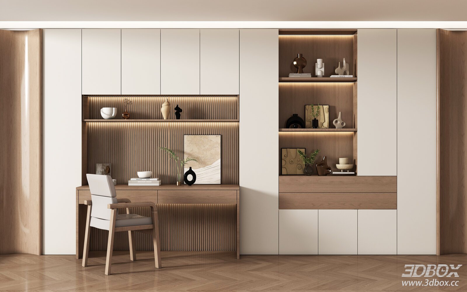 Modern Minimalist Study Workstation with Storage Cabinet Set 3D model - front view