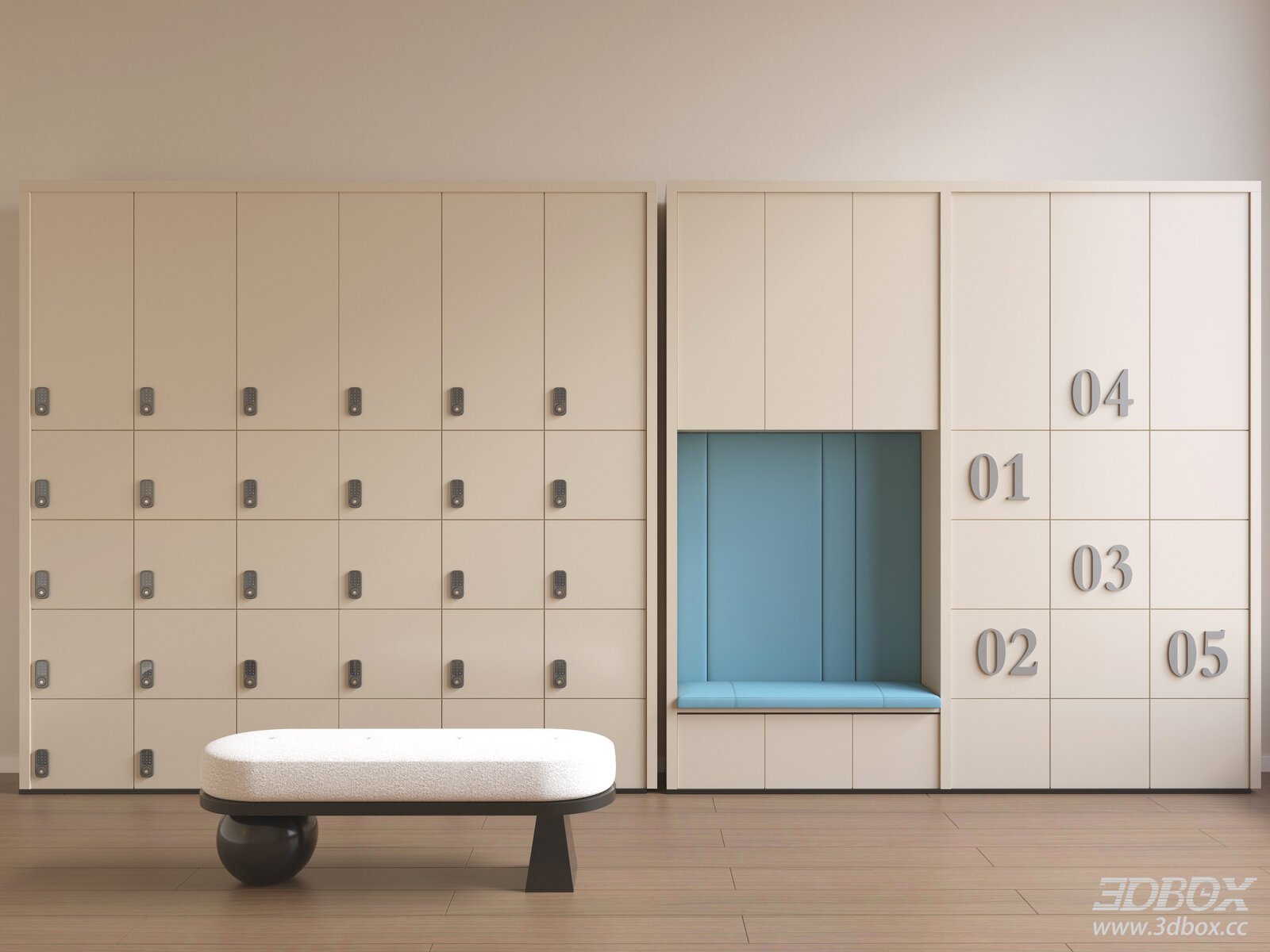 Modern public locker cabinet with upholstered bench 3D model - front view
