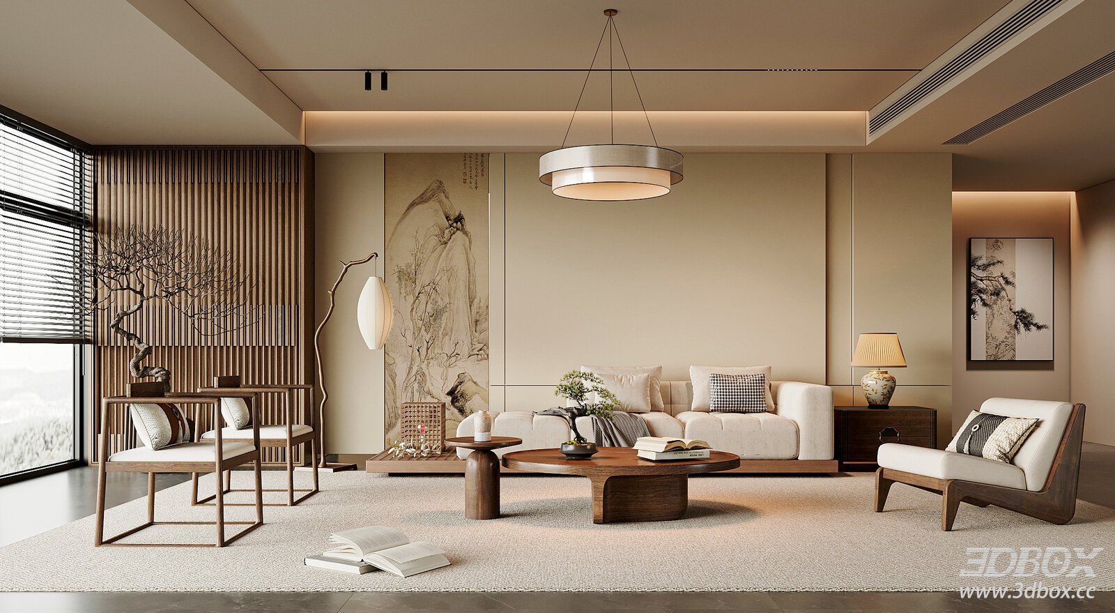 Song Style Chinese Living Room With Sofa and Coffee Table Set 3D model - front view