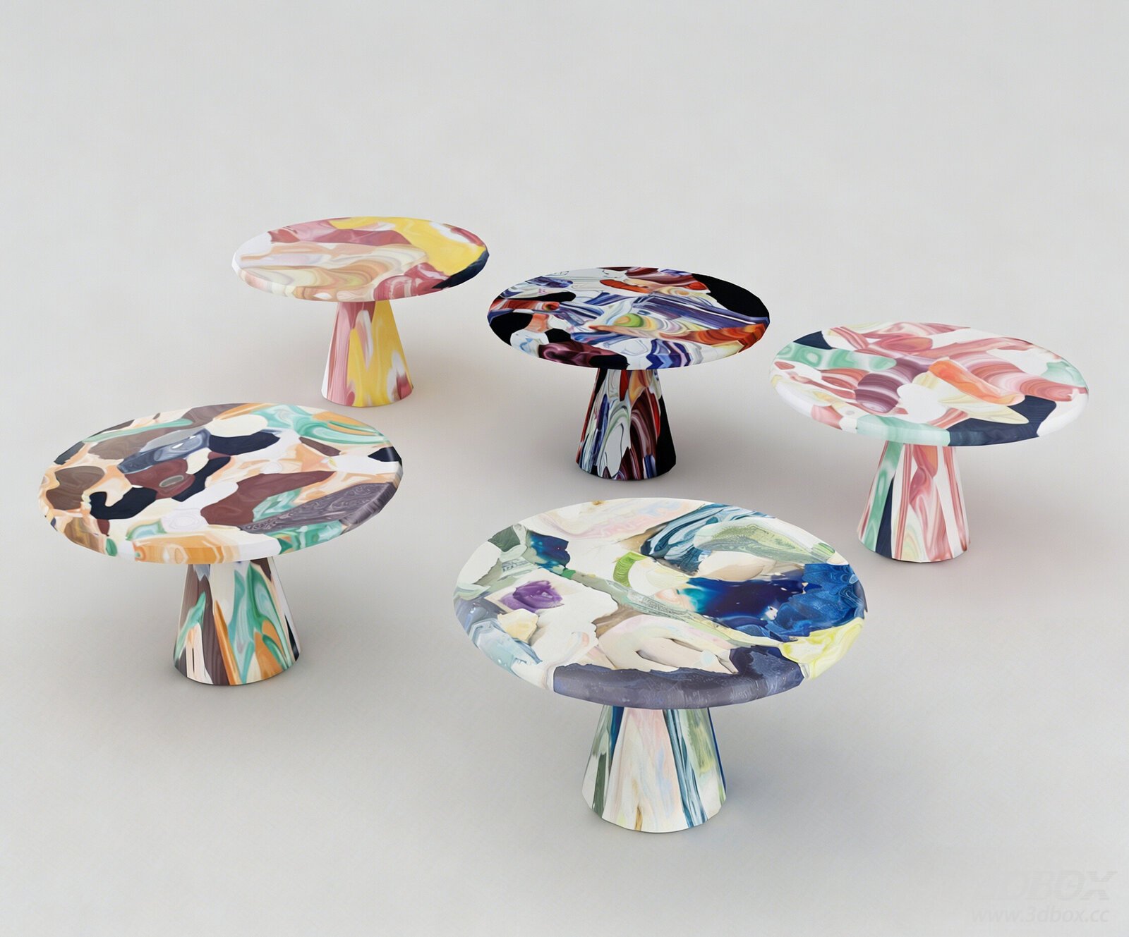 Memphis Style Painted Round Side Tables Set 3D model - front view