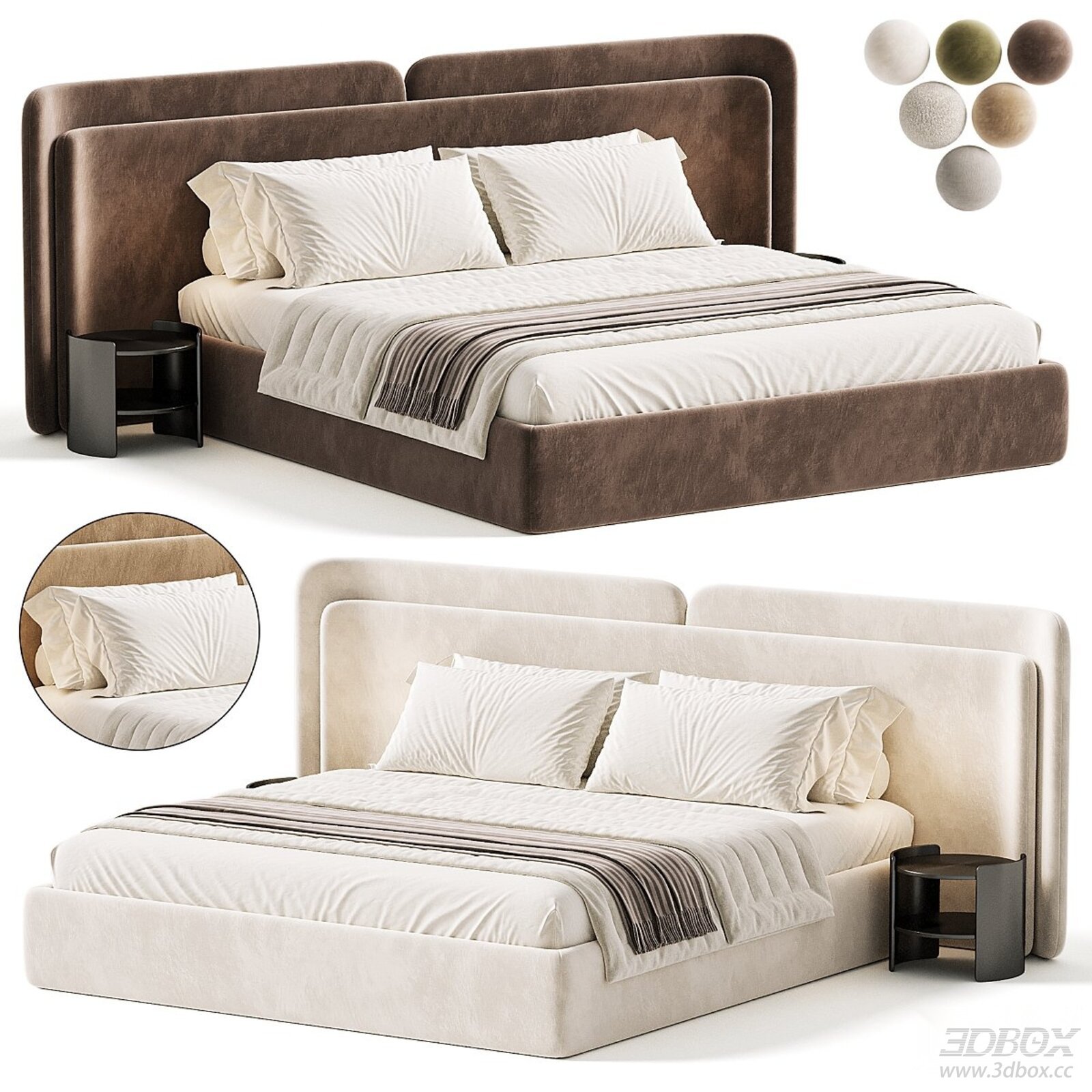 Modern Upholstered Double Bed with Nightstand 3D model - front view