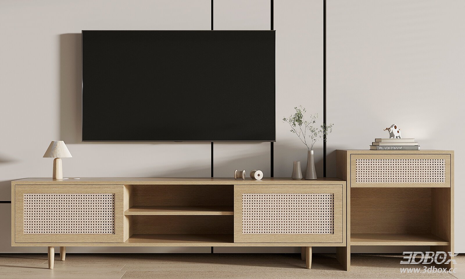 Japanese Style Rattan Wood TV Stand Set 3D model - thumbnail 1