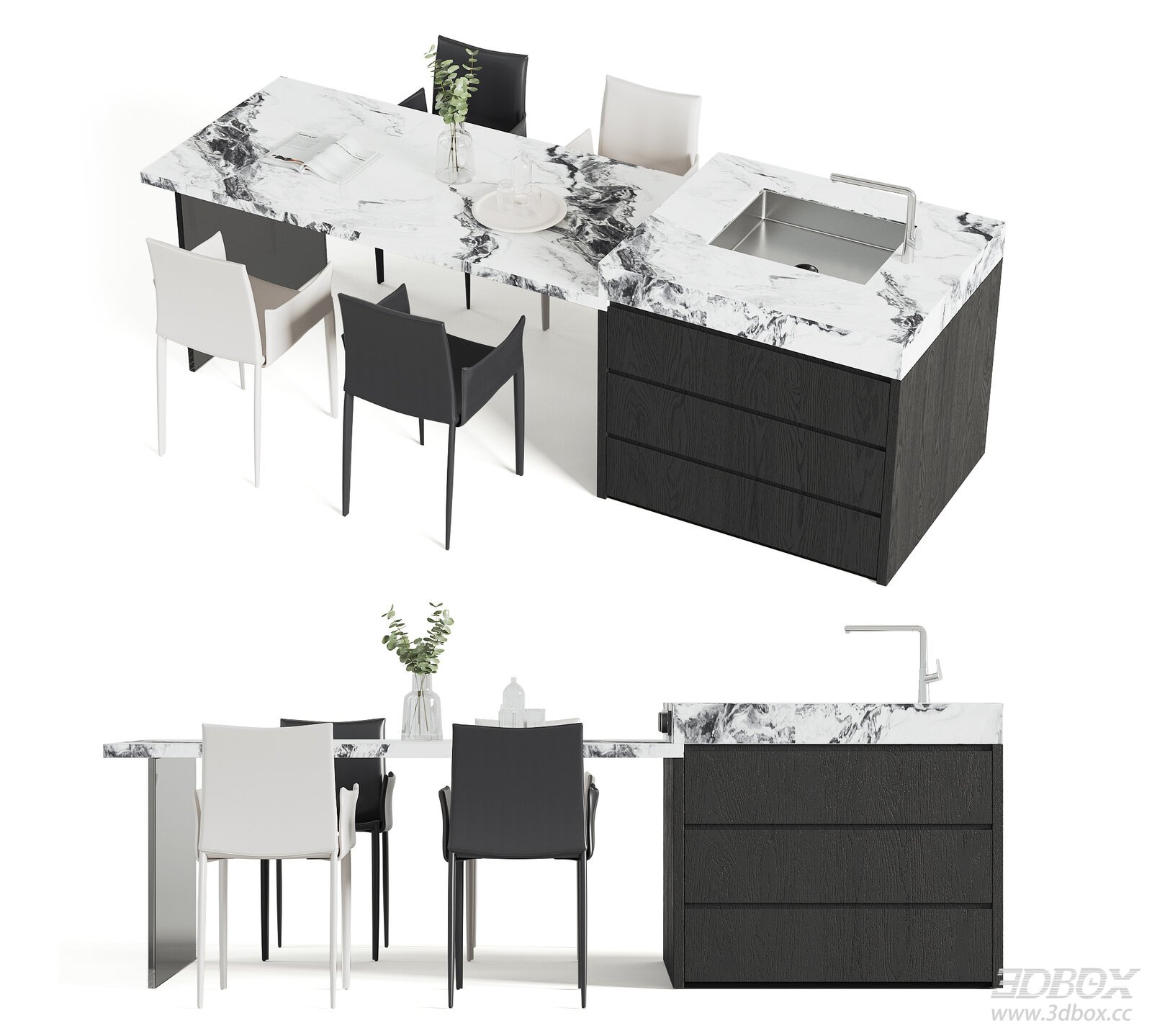 Modern Marble Dining Set with Kitchen Island 3D model - front view