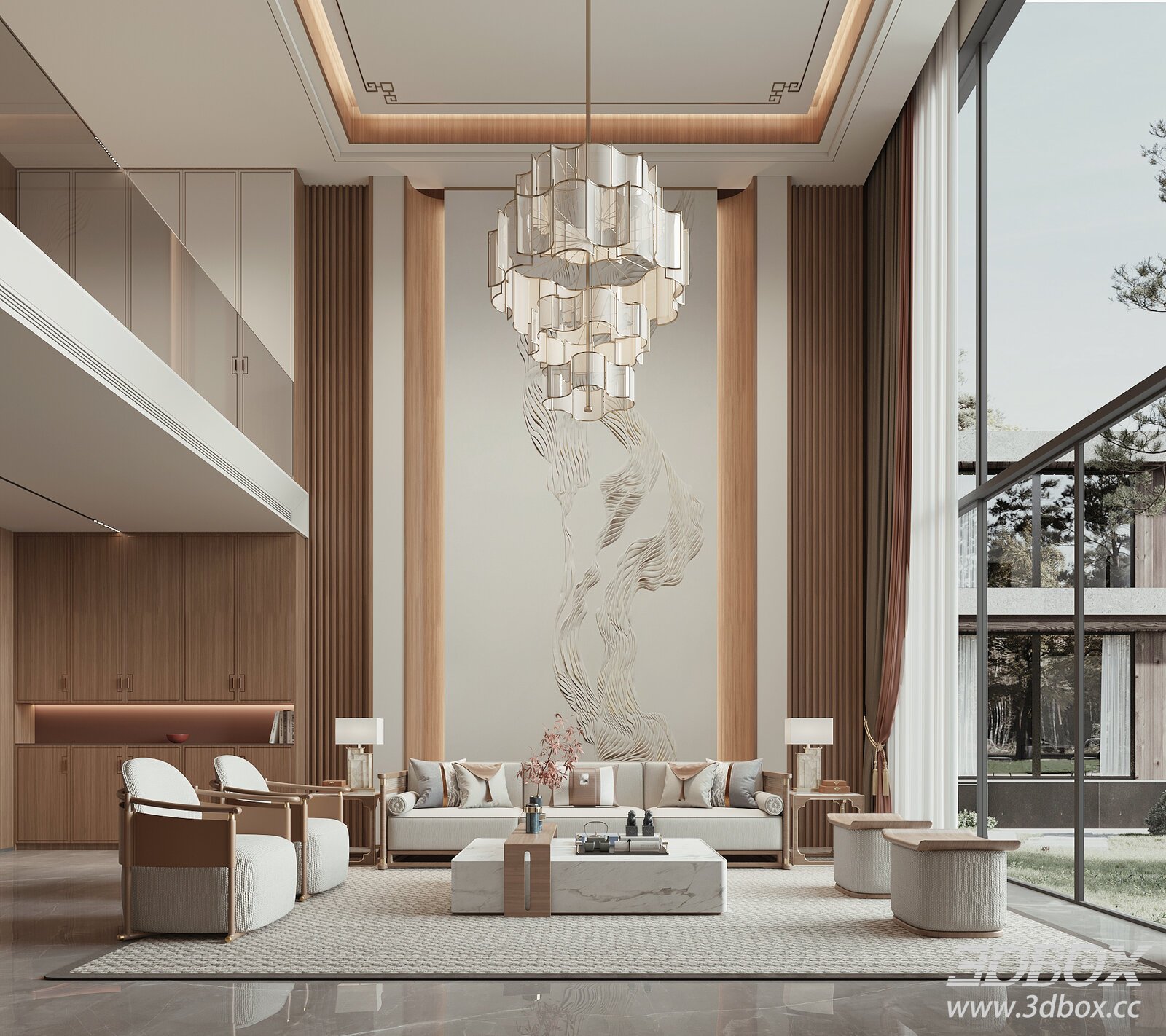 New Chinese Style Villa Living Room Interior 3D model - thumbnail 1