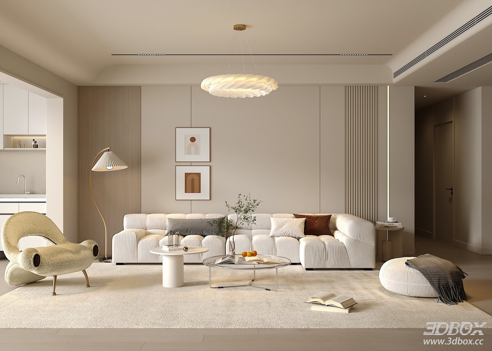 Cream Style Living Room with Sofa and Coffee Table Set 3D model - front view