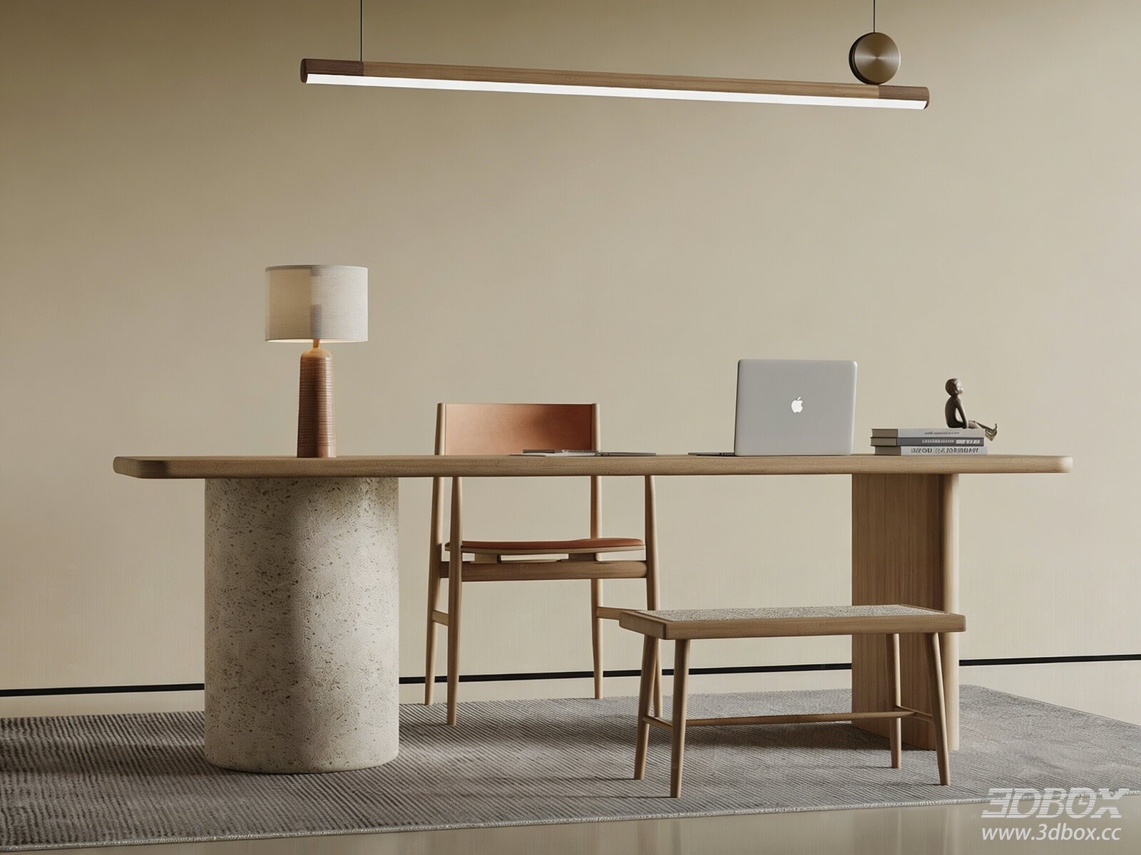Wabi Sabi Modern Wooden Desk and Chair Set 3D model - front view