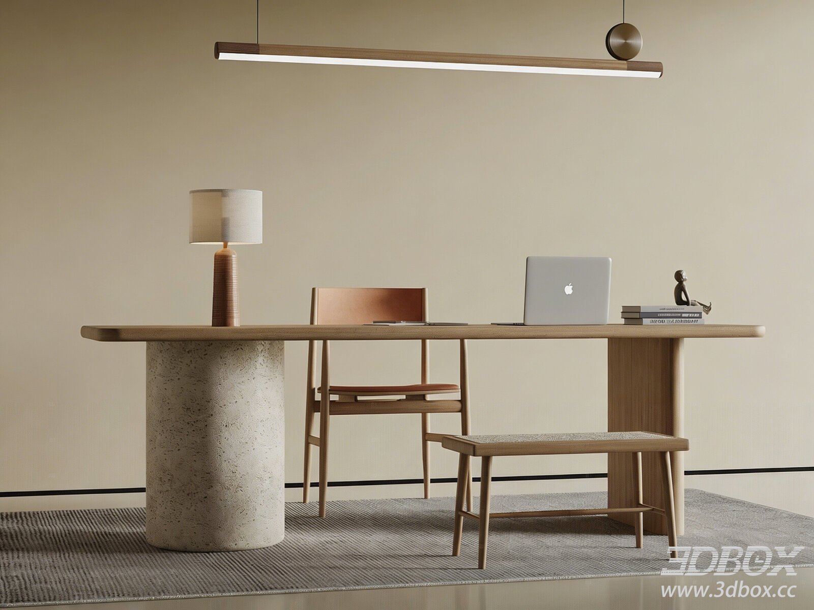Wabi Sabi Modern Wooden Desk and Chair Set 3D model - thumbnail 1