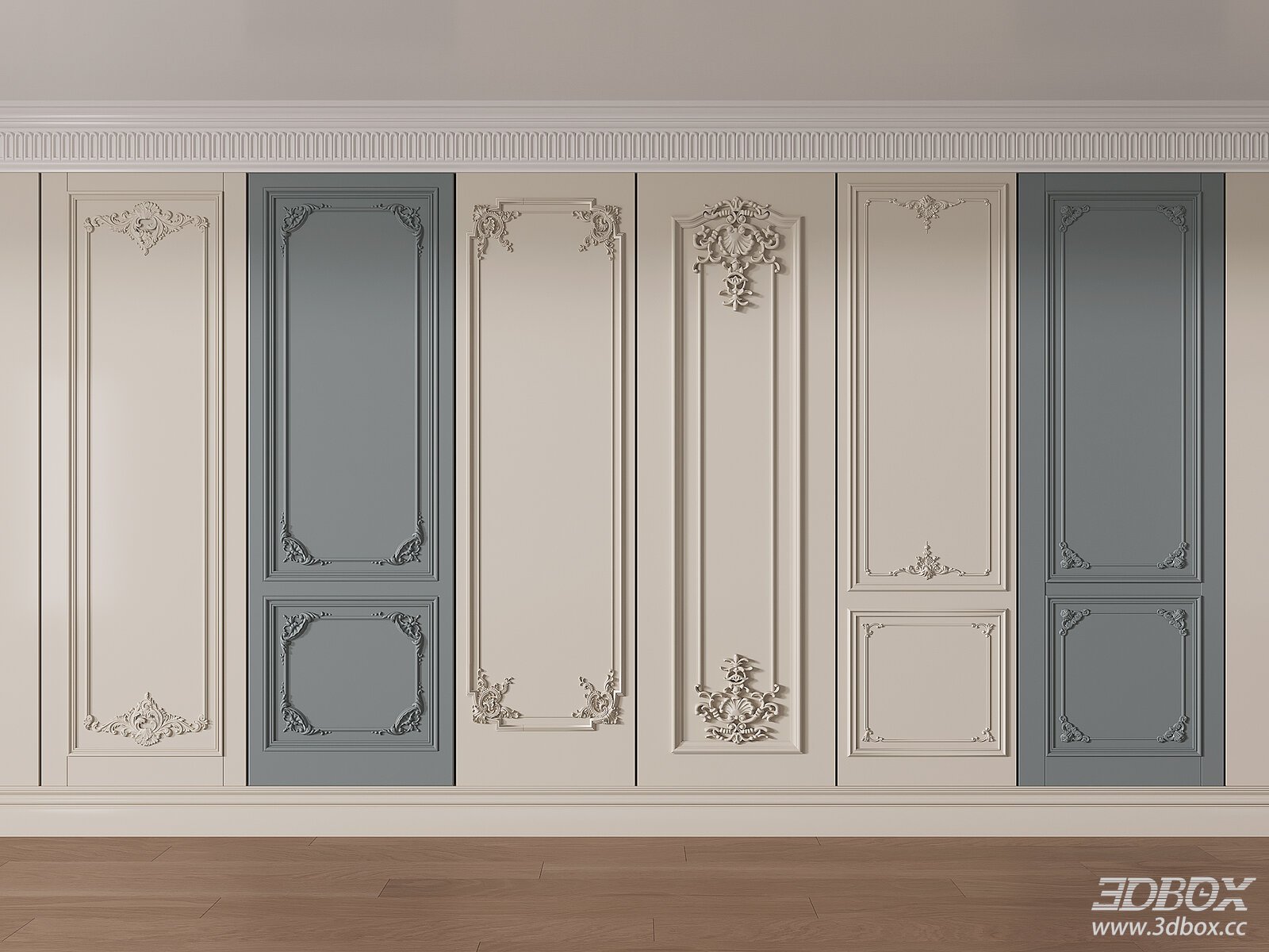 French Style Carved Decorative Wall Panel Molding 3D model - front view