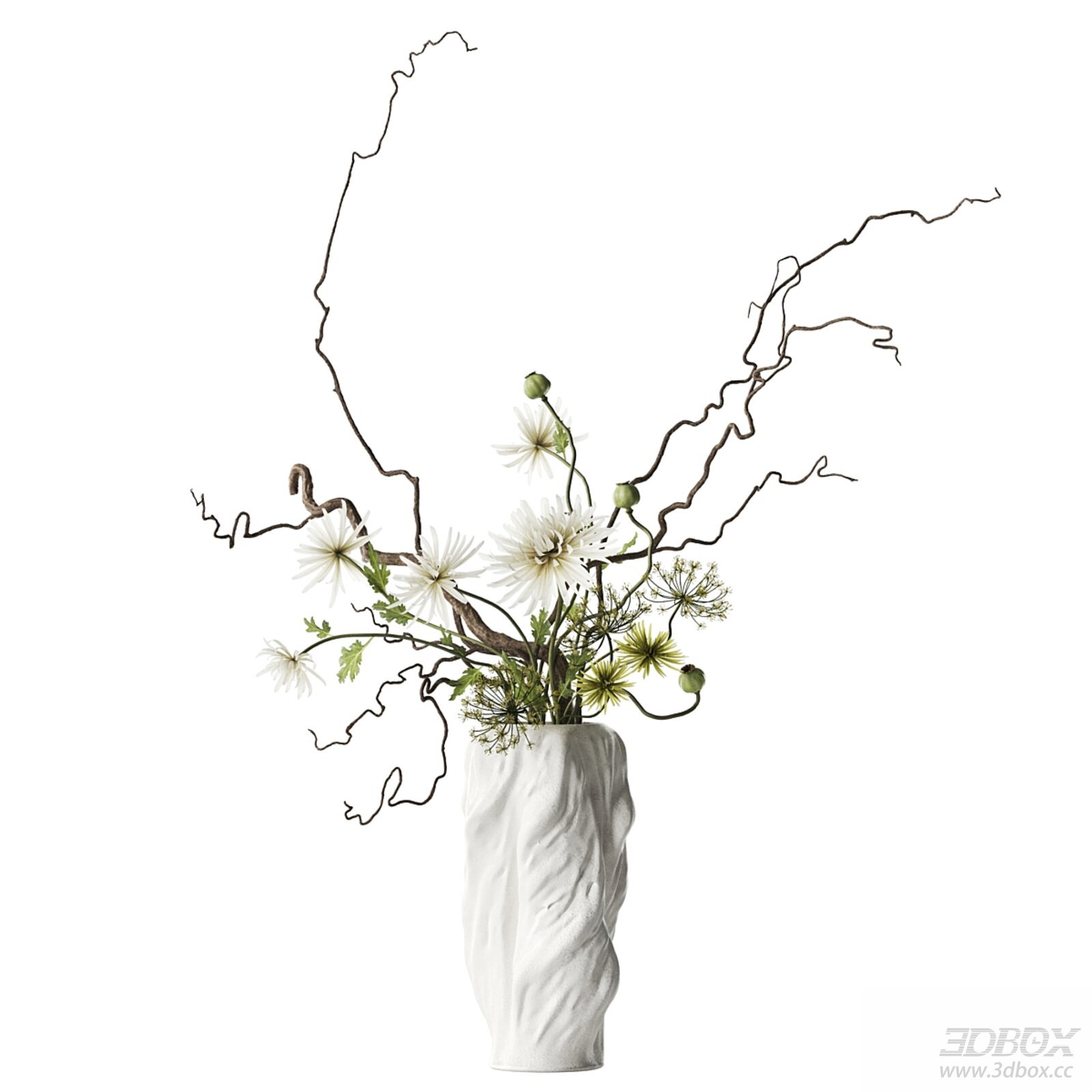 Elegant Dried Twig Floral Bouquet In Textured White Vase 3D model - front view