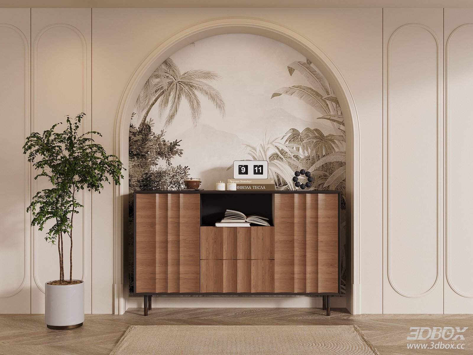 Mid-century Modern Wooden Sideboard Cabinet 3D model - front view