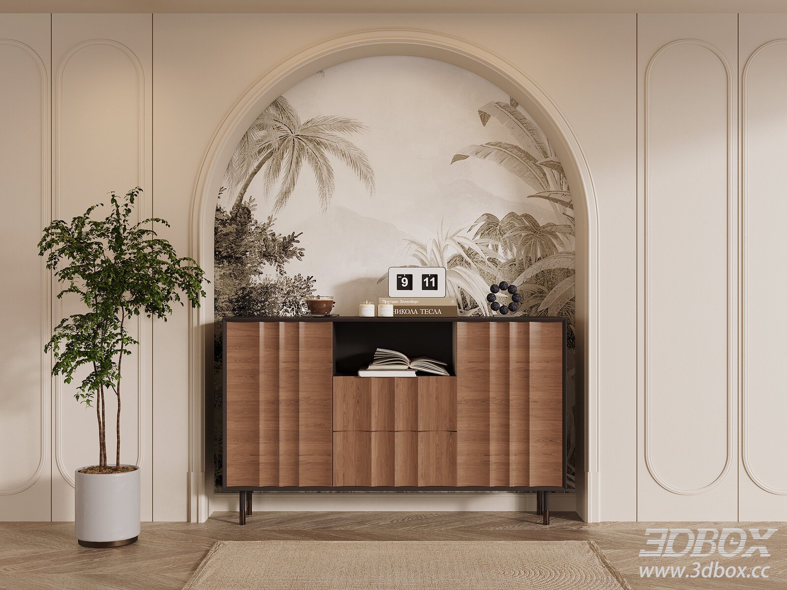 Mid-century Modern Wooden Sideboard Cabinet 3D model - thumbnail 1