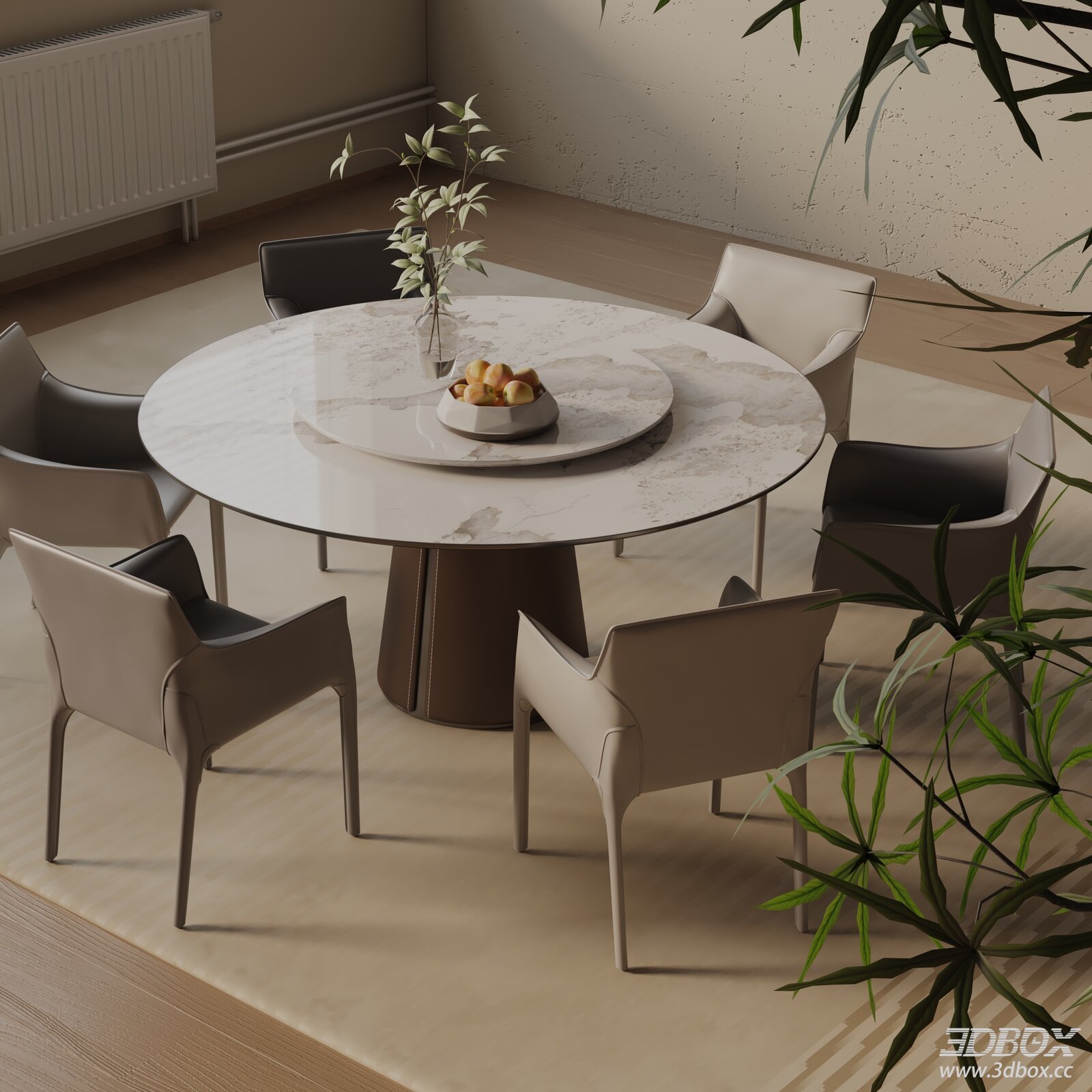 Modern minimalist marble dining table with leather chairs 3D model - front view