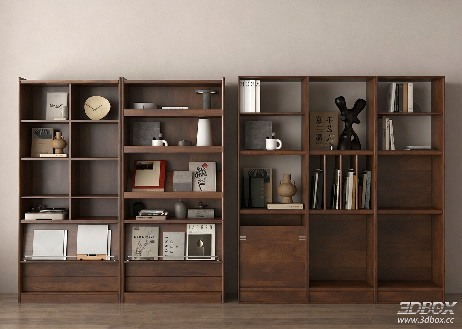 Mid Century Modern Walnut Bookshelf with Decor Set 3D model - front view