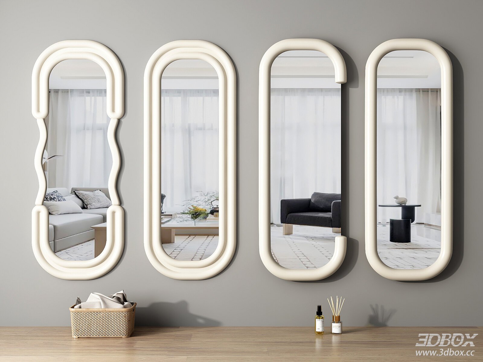 Cream Style Full Length Wall Mirror Set 3D model - front view