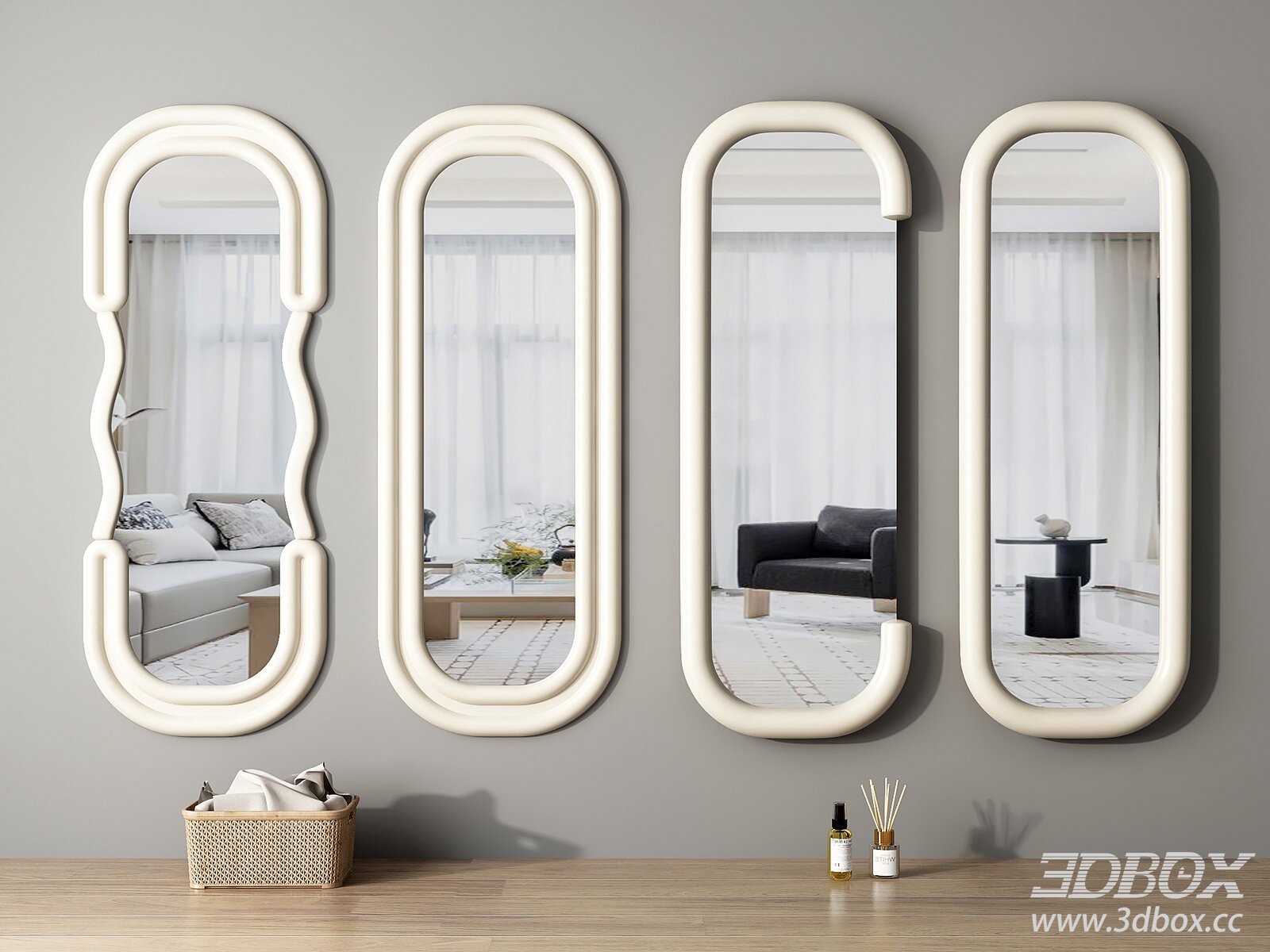 Cream Style Full Length Wall Mirror Set 3D model - thumbnail 1