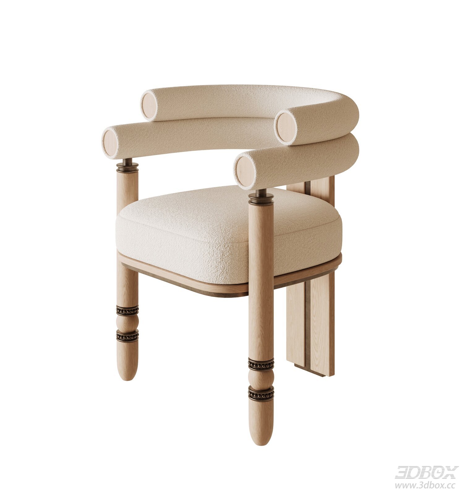 Mid Century Modern Cream Boucle Dining Armchair 3D model - front view