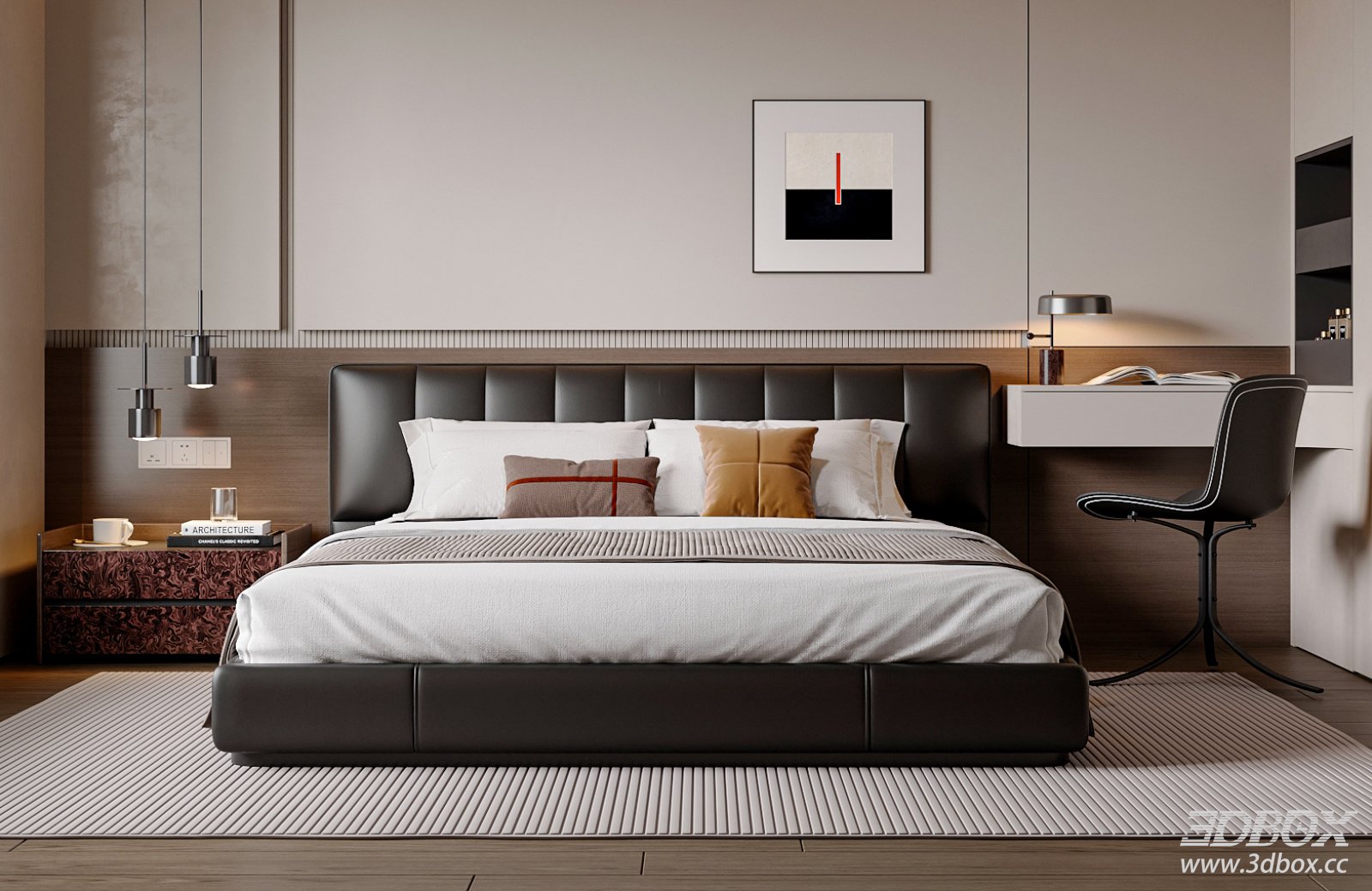 Modern Italian Style Master Bedroom Scene with Double Bed 3D model - front view