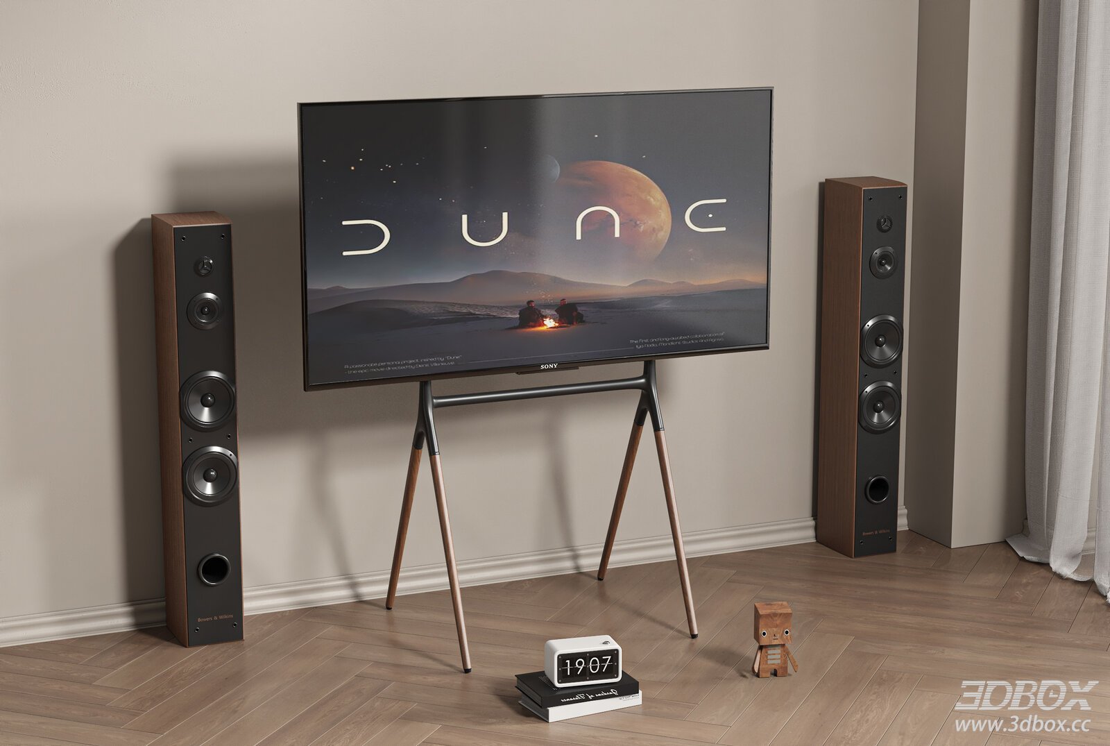 Modern TV with Floor Stand and Tower Speakers 3D model - front view