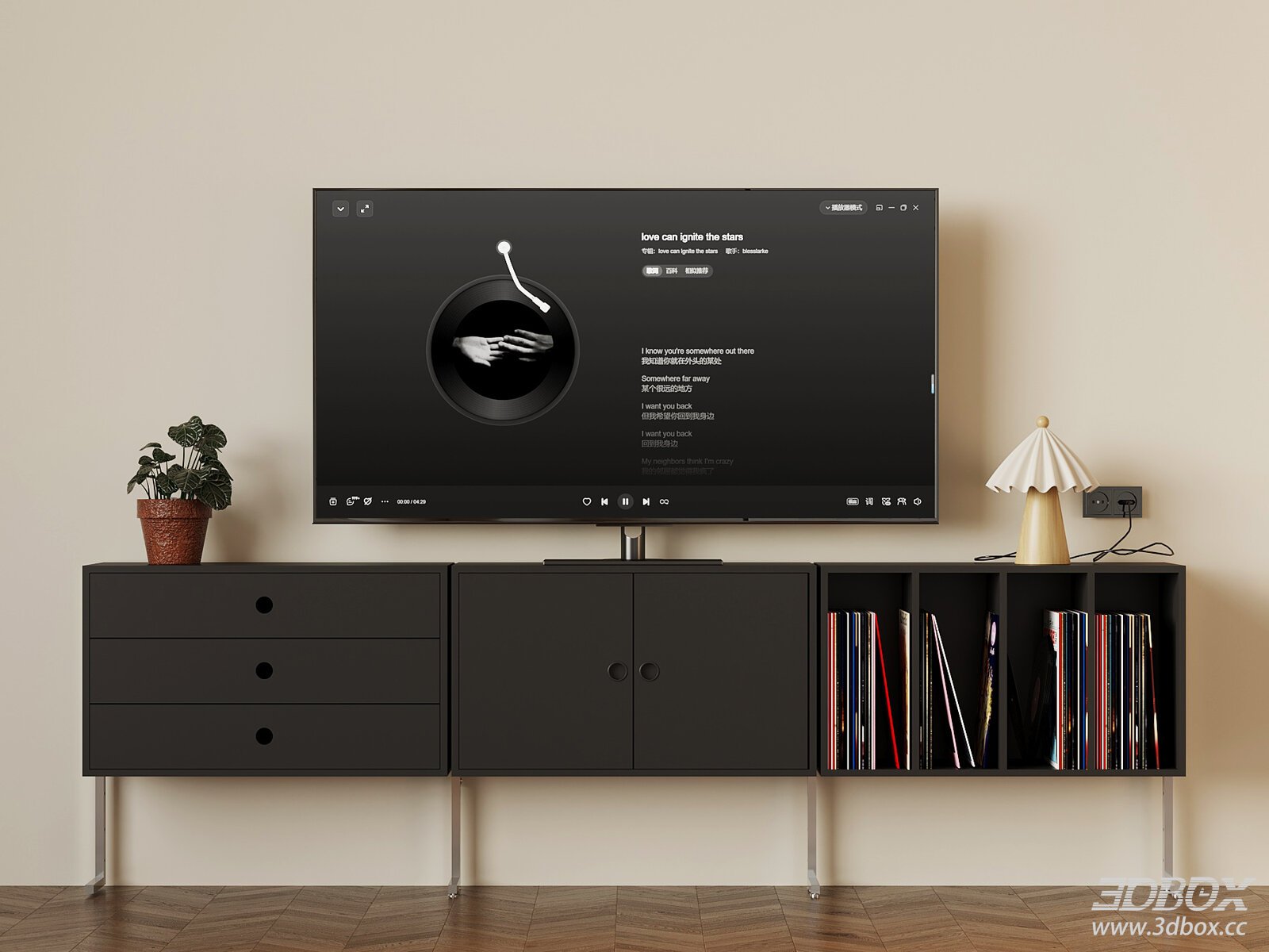French Retro Style Black TV Cabinet Set 3D model - front view