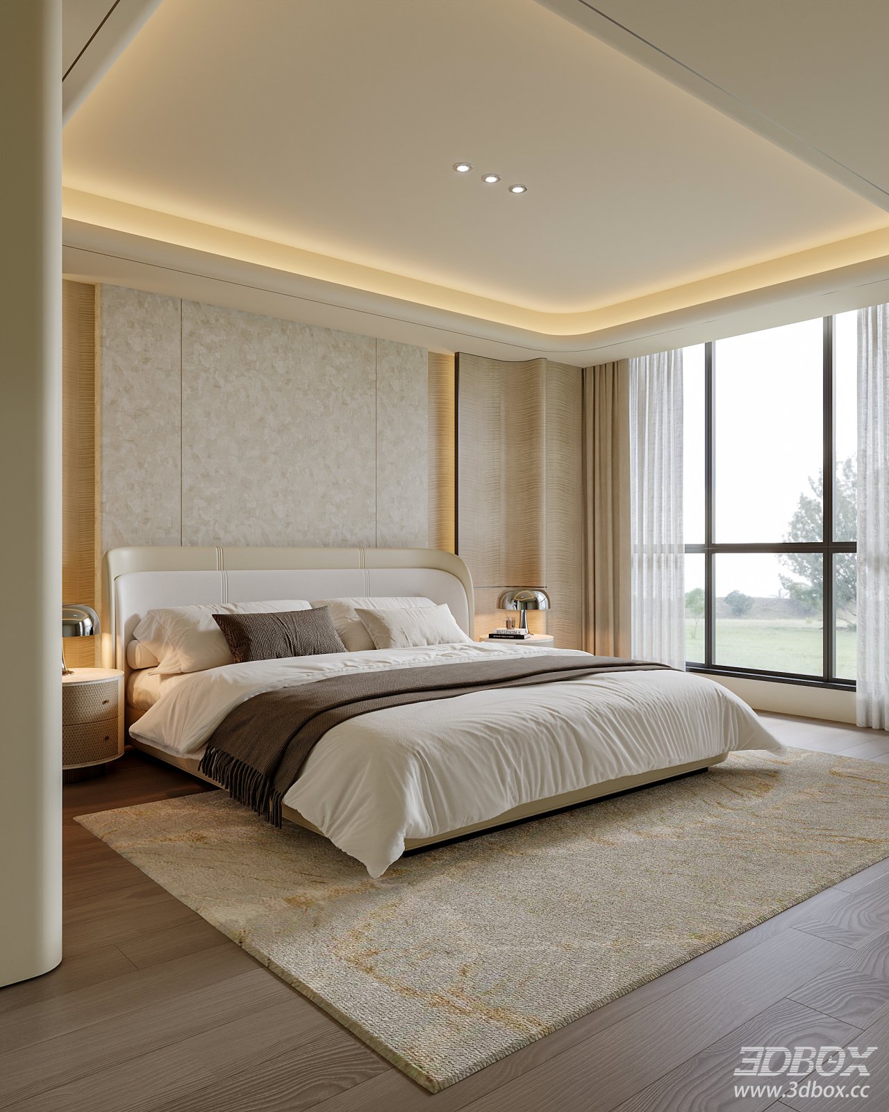 Light Luxury Master Bedroom with Double Bed and Nightstands 3D model - front view